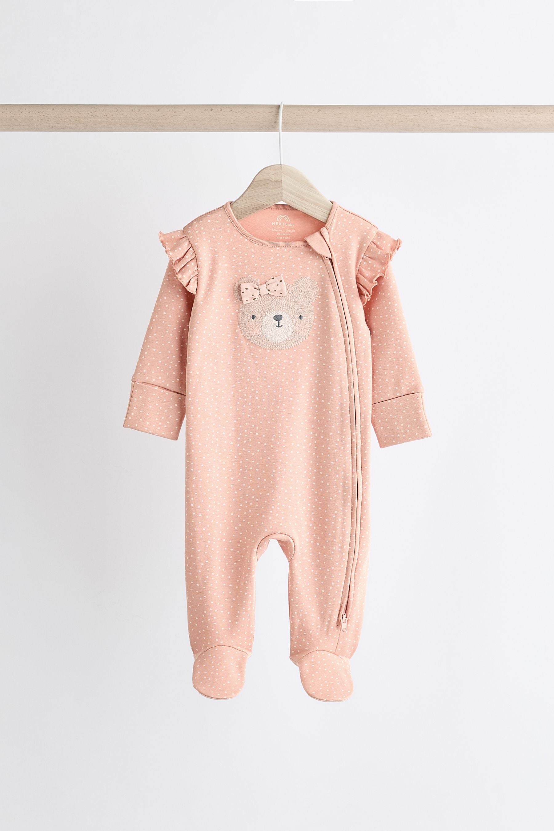 Pink Bear Two Way 100% Cotton Zip Baby Sleepsuits 3 Pack (0mths-2yrs)