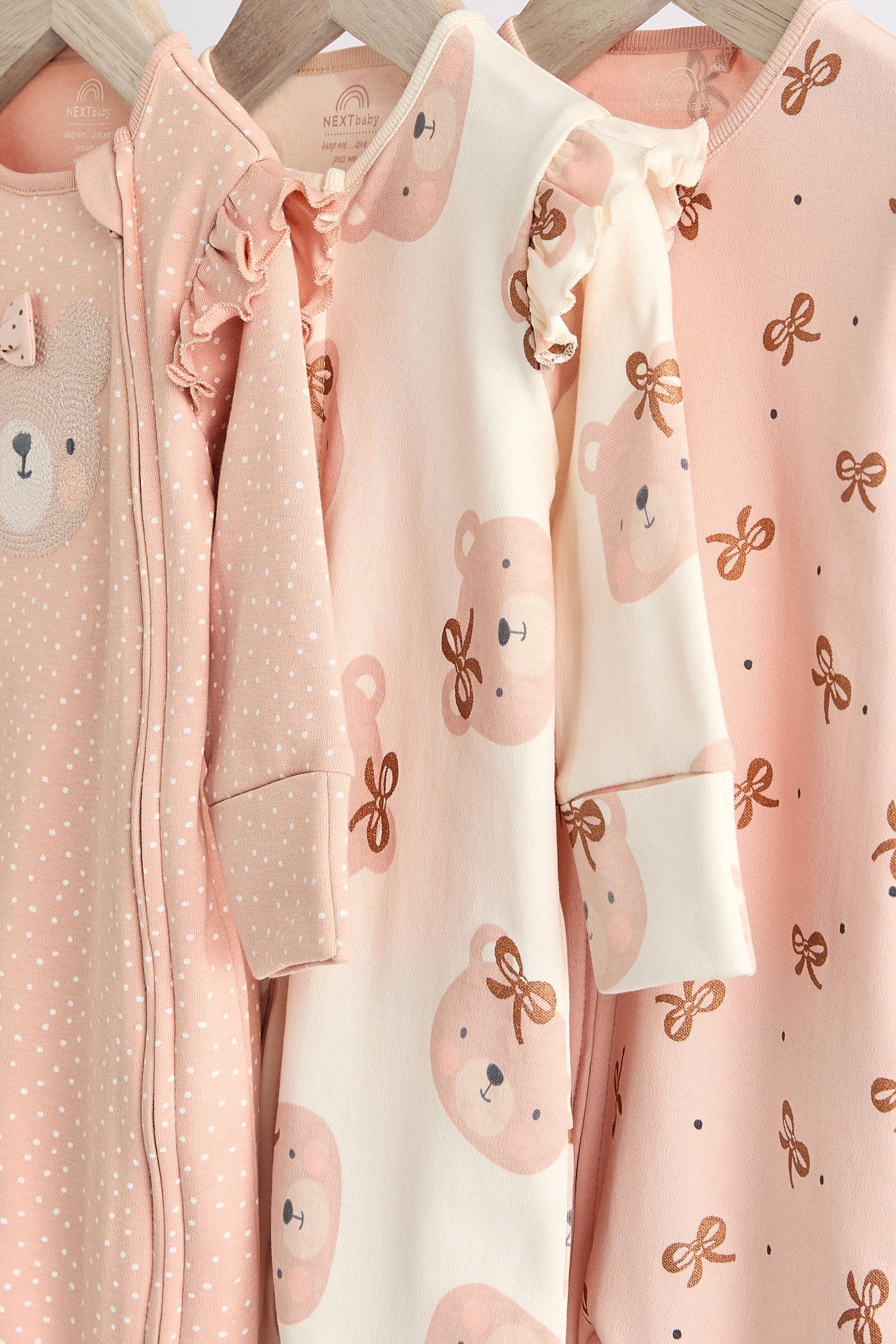 Pink Bear Two Way 100% Cotton Zip Baby Sleepsuits 3 Pack (0mths-2yrs)