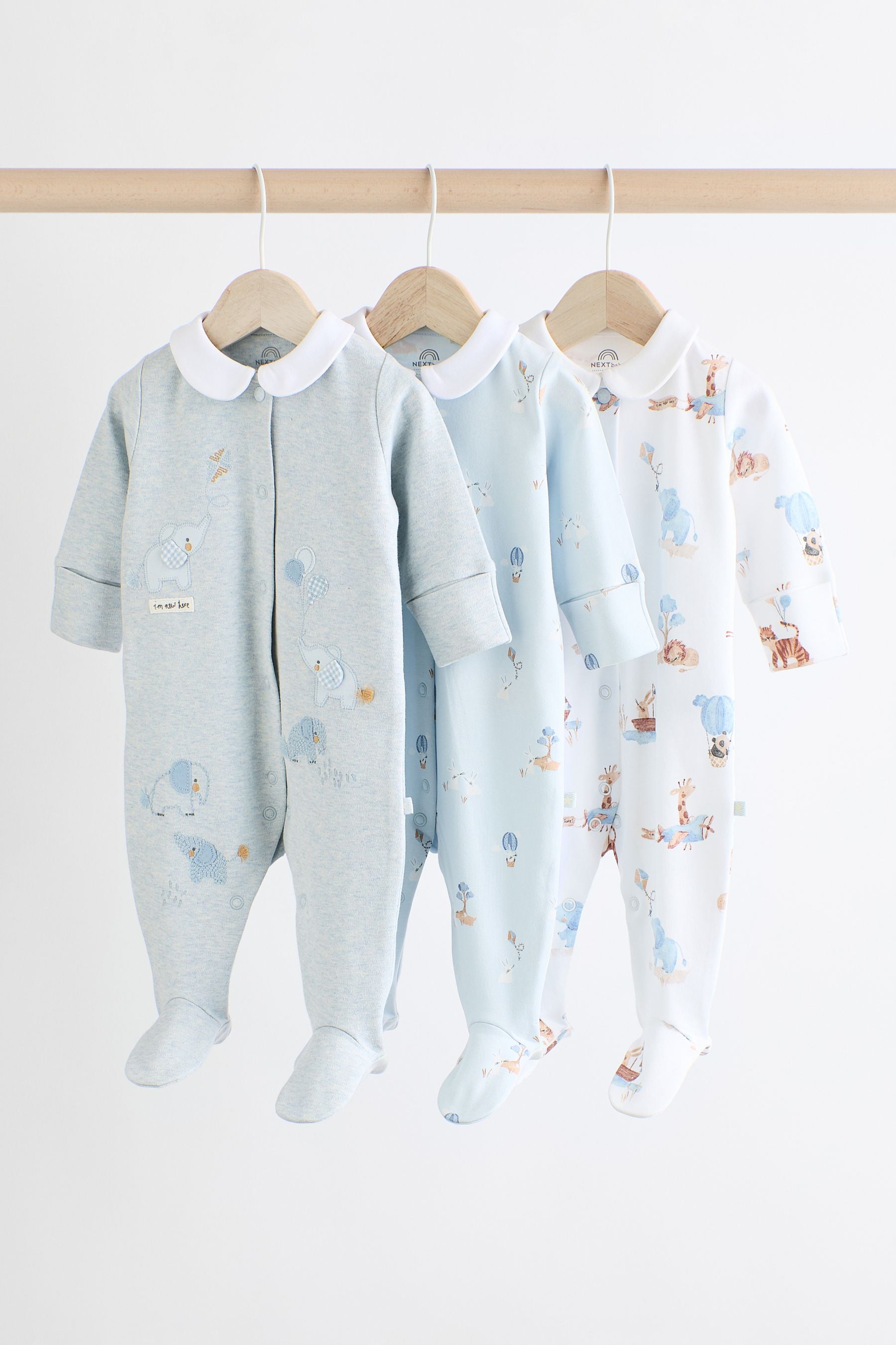 Blue Delicate Elephant Baby 100% Cotton Sleepsuits 3 Pack (0-2yrs)