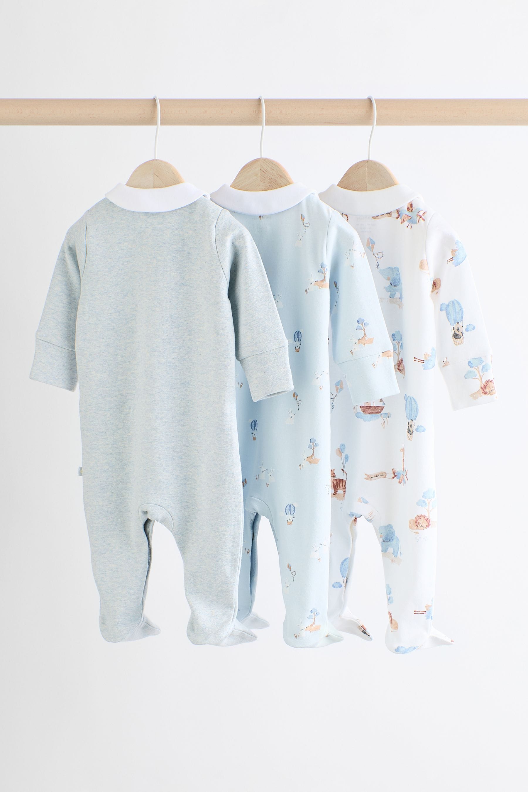 Blue Delicate Elephant Baby 100% Cotton Sleepsuits 3 Pack (0-2yrs)