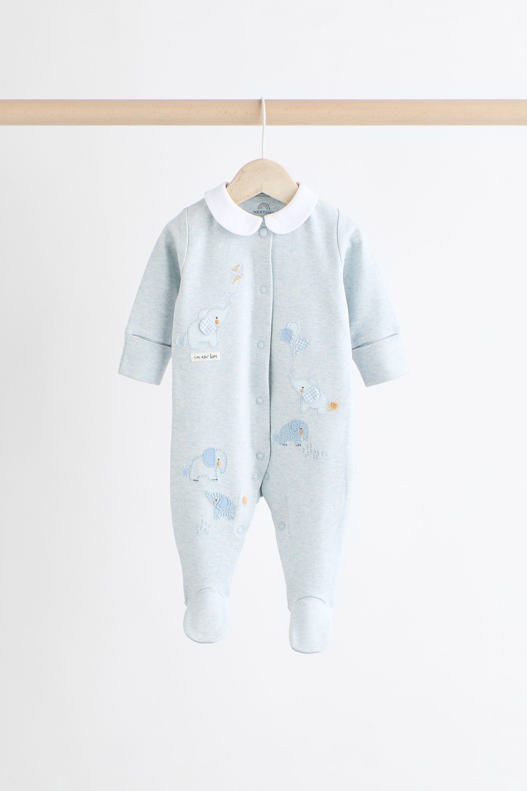 Blue Delicate Elephant Baby 100% Cotton Sleepsuits 3 Pack (0-2yrs)