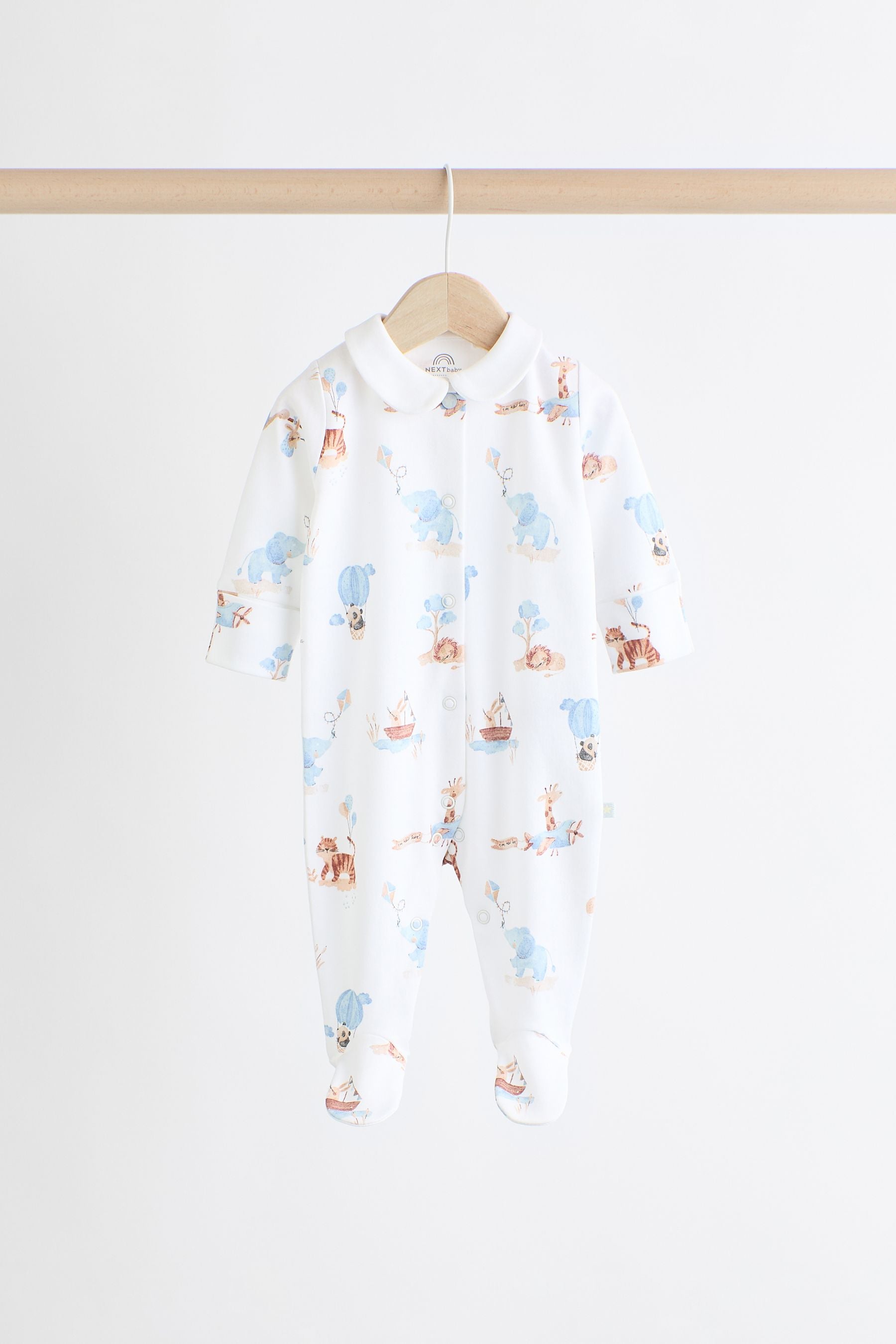 Blue Delicate Elephant Baby 100% Cotton Sleepsuits 3 Pack (0-2yrs)