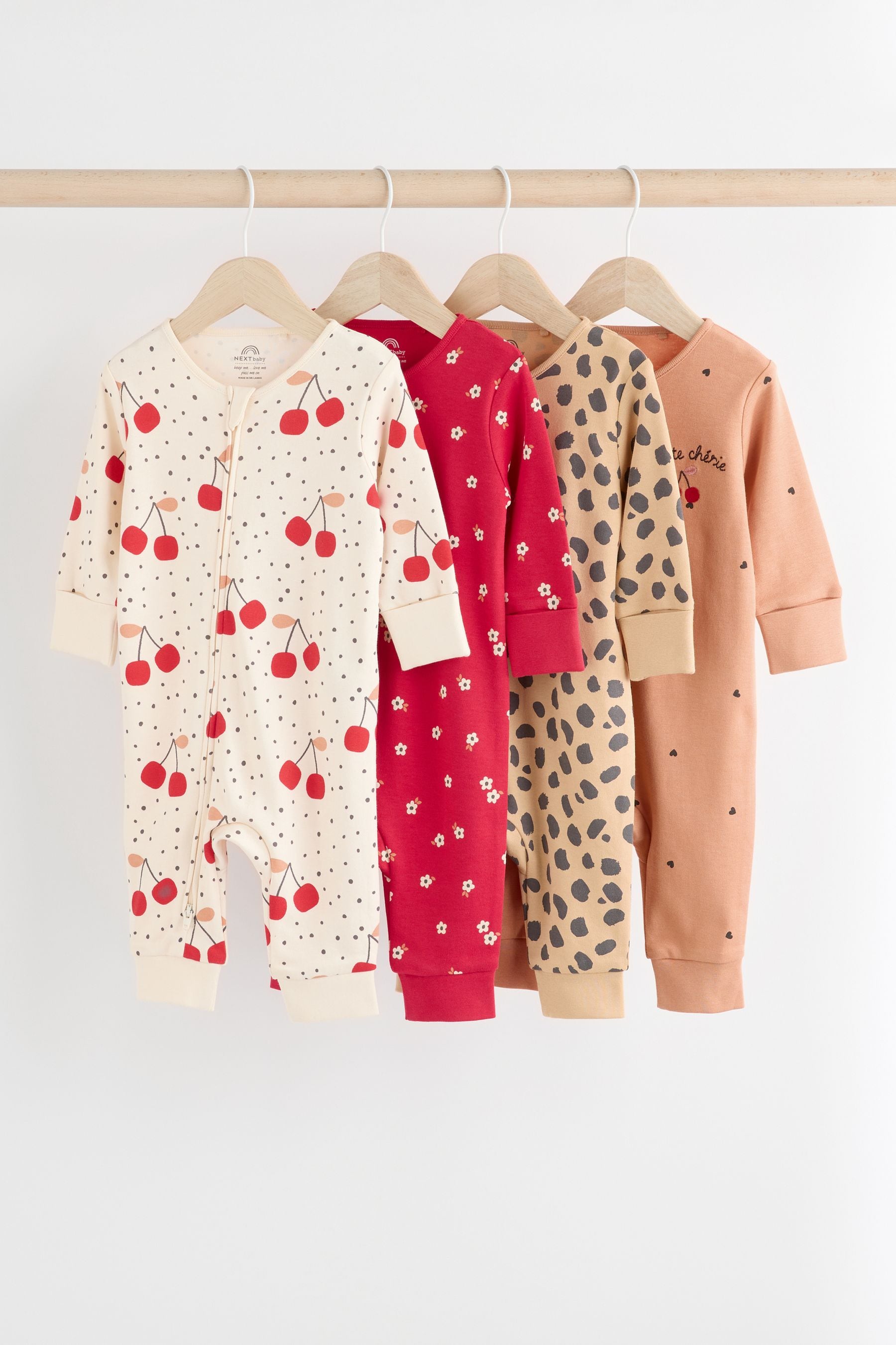 Red Cherry 4 Pack Two Way Zip Baby Sleepsuit (0mths-3yrs)