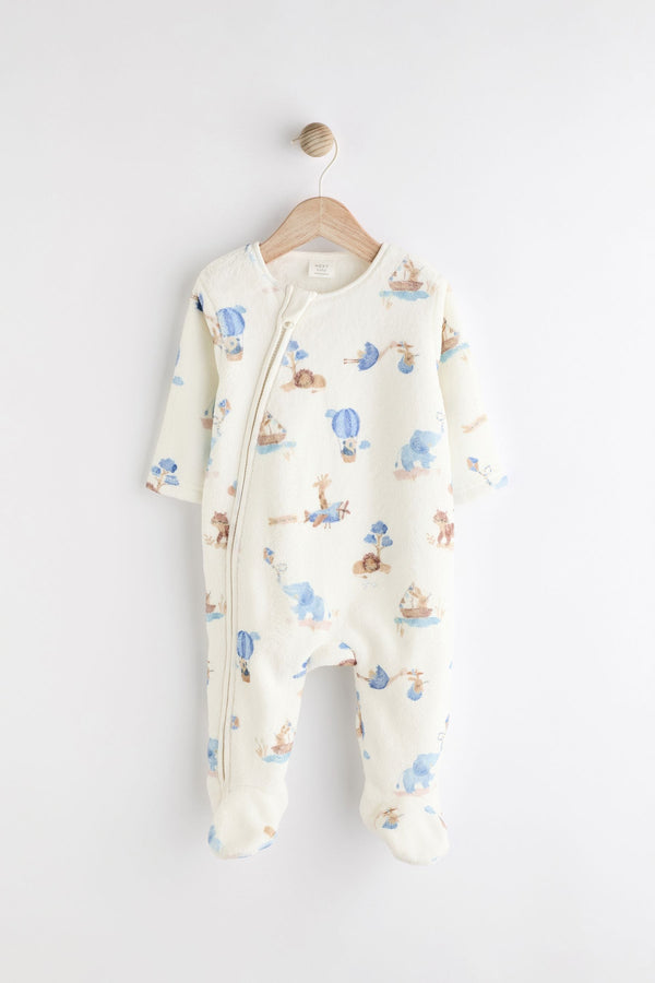 White Printed Baby Zip Fleece Sleepsuit