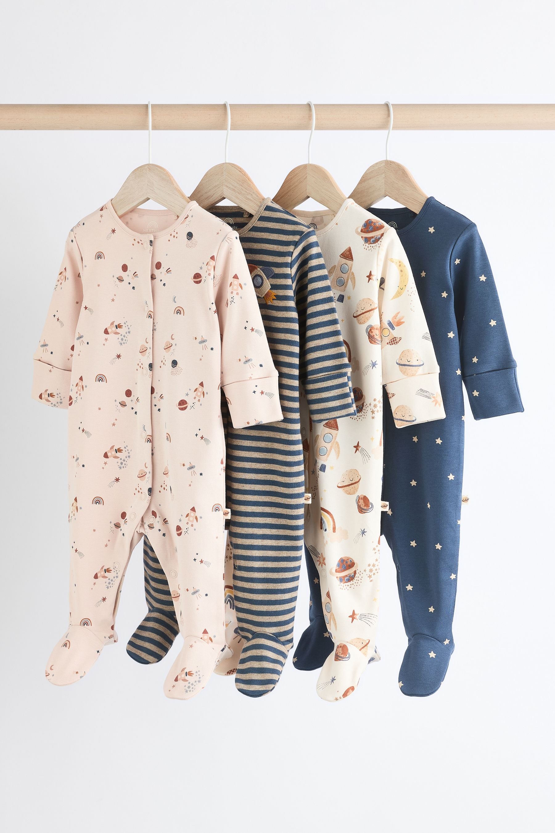 Neutral Space Print Baby 100% Cotton Sleepsuits 4 Pack (0mths-2yrs)