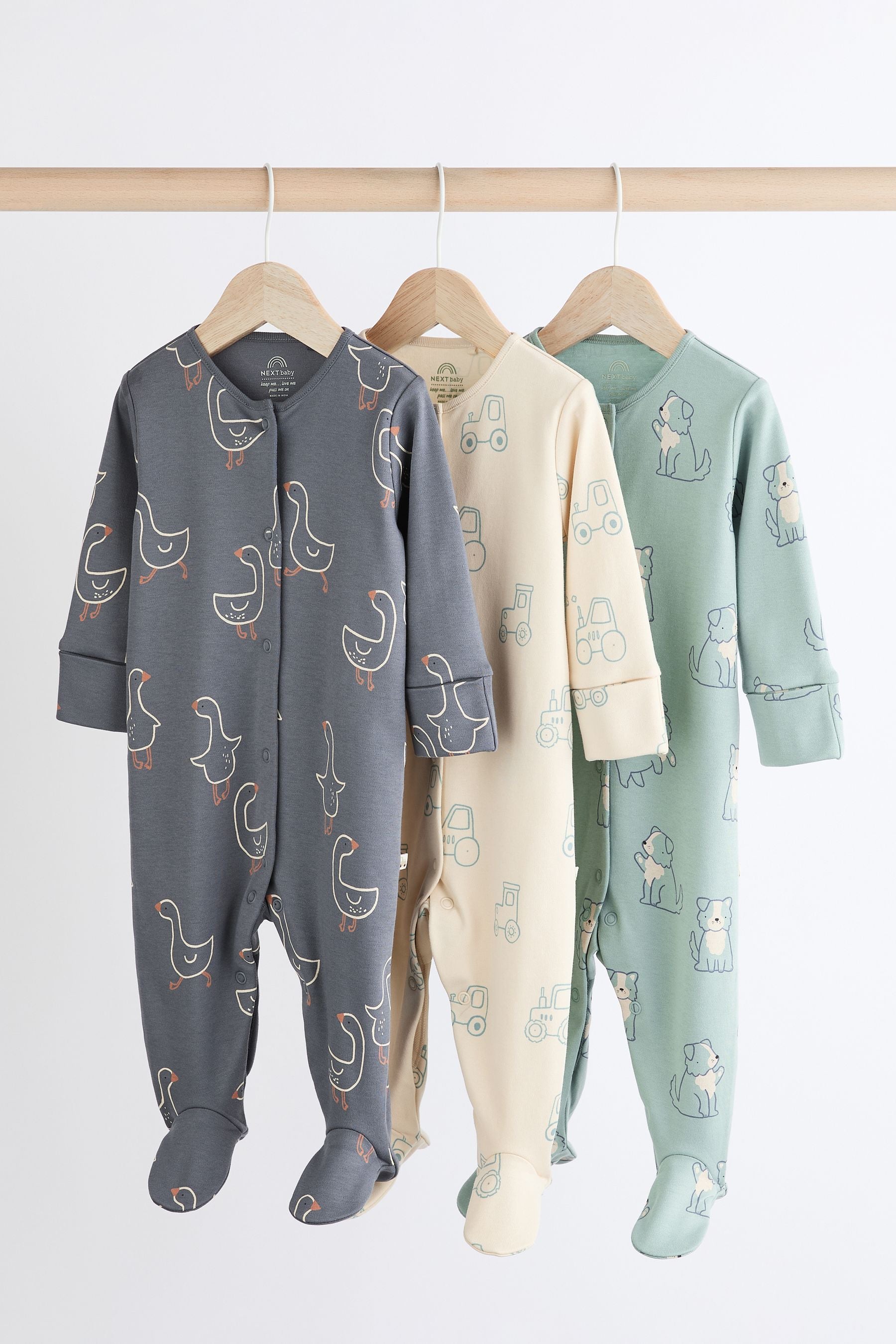 Mineral Blue Farm Printed 3 Pack Baby Sleepsuits (0mths-3yrs)