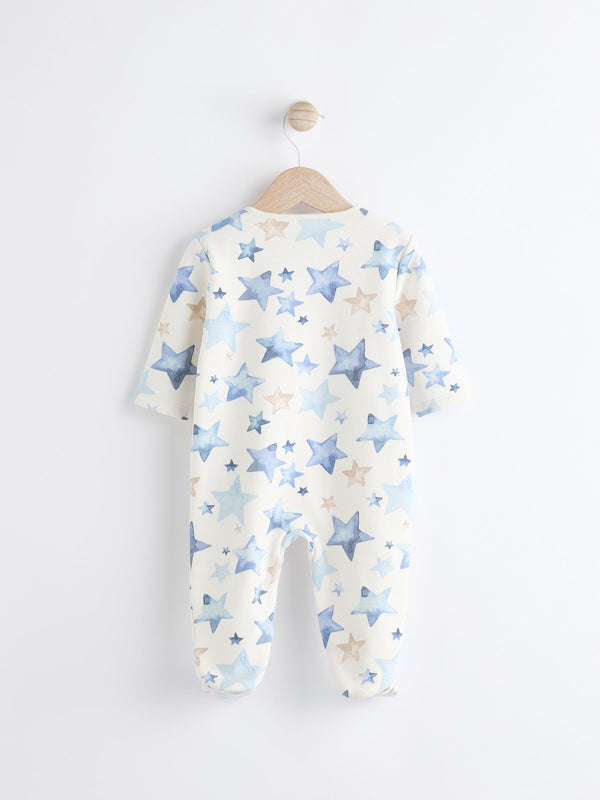 Blue/Cream Star Two Way Zip Fleece Lined Baby Sleepsuit