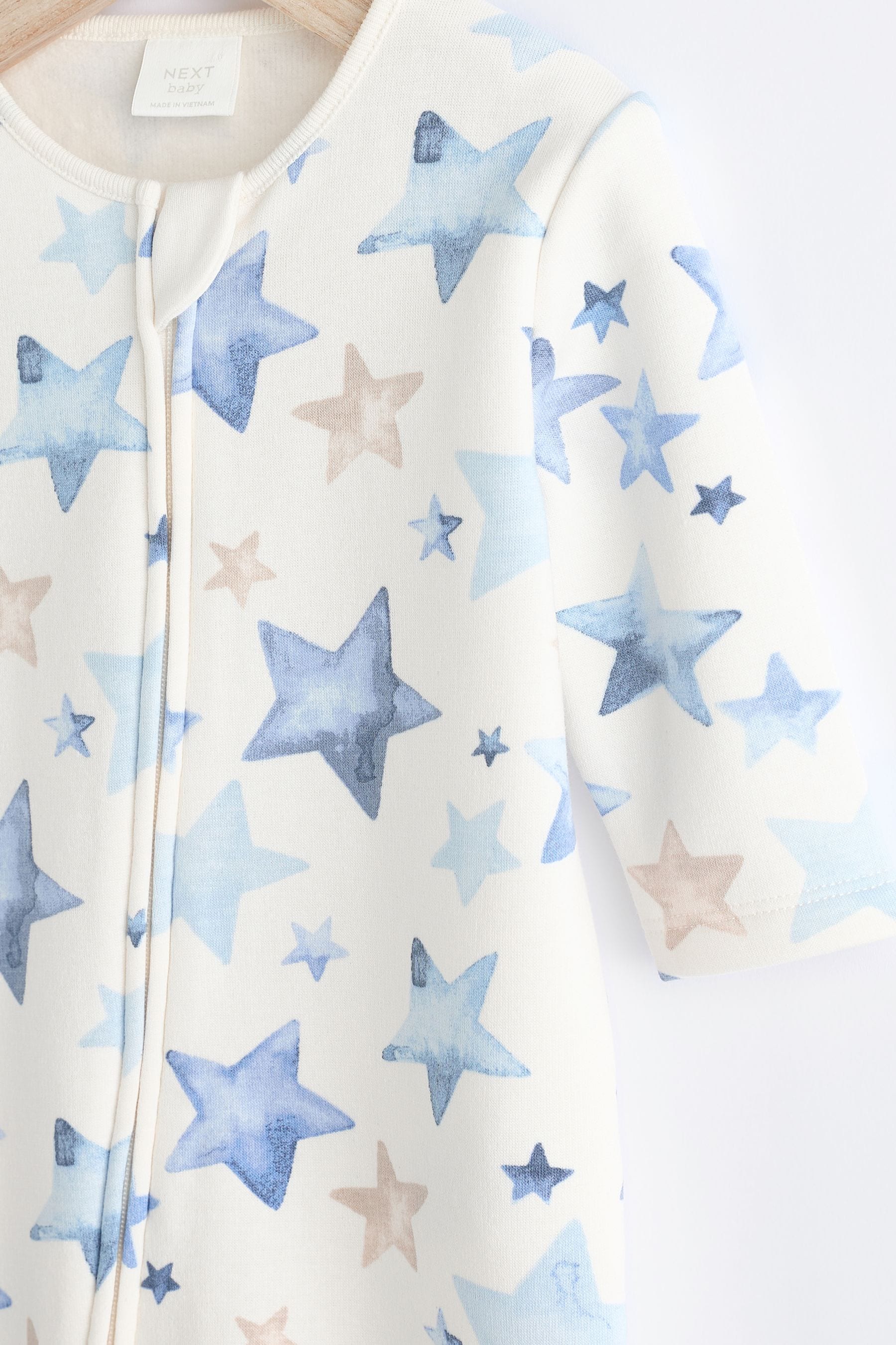 Blue/Cream Star Two Way Zip Fleece Lined Baby Sleepsuit