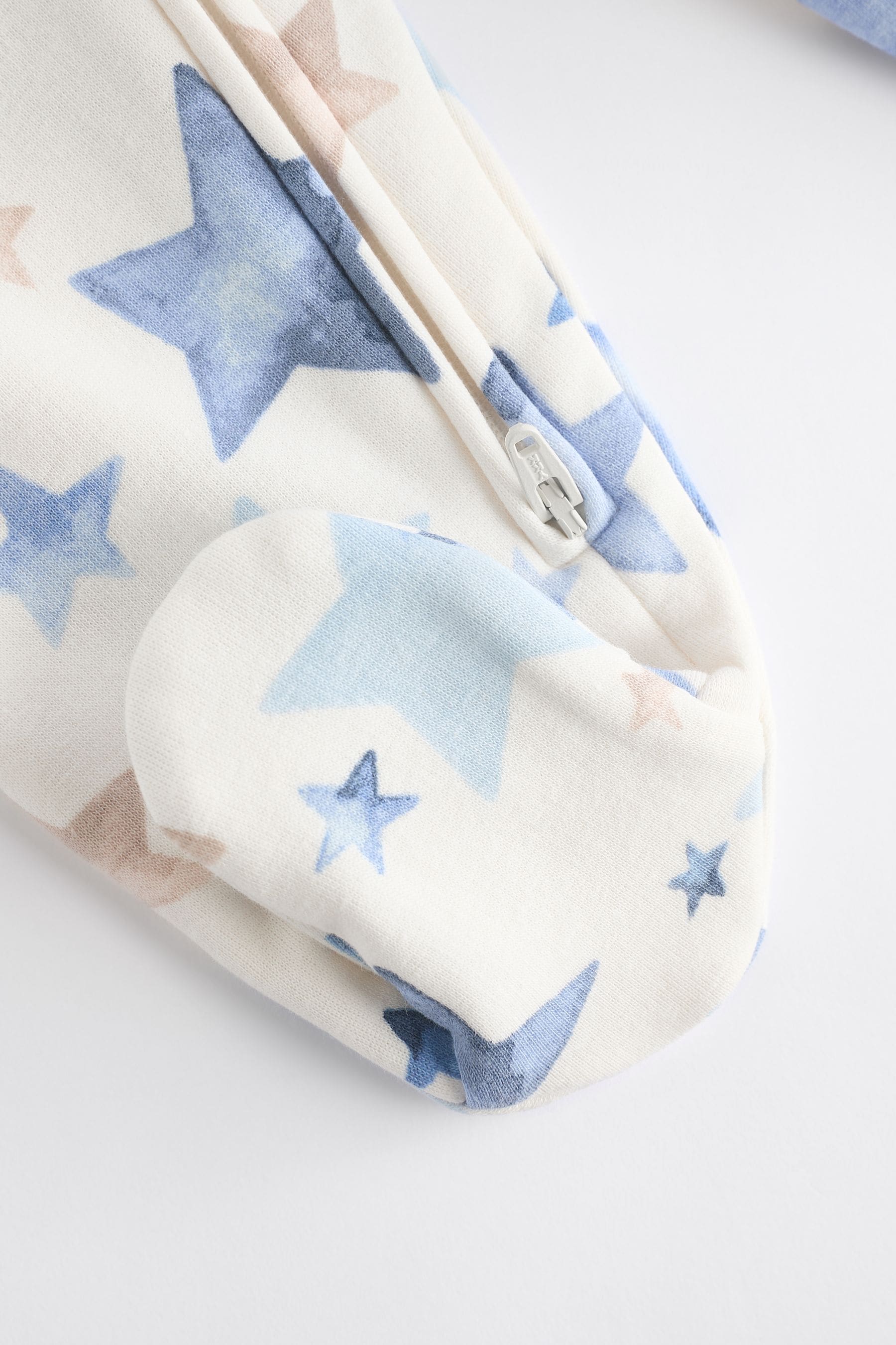 Blue/Cream Star Two Way Zip Fleece Lined Baby Sleepsuit