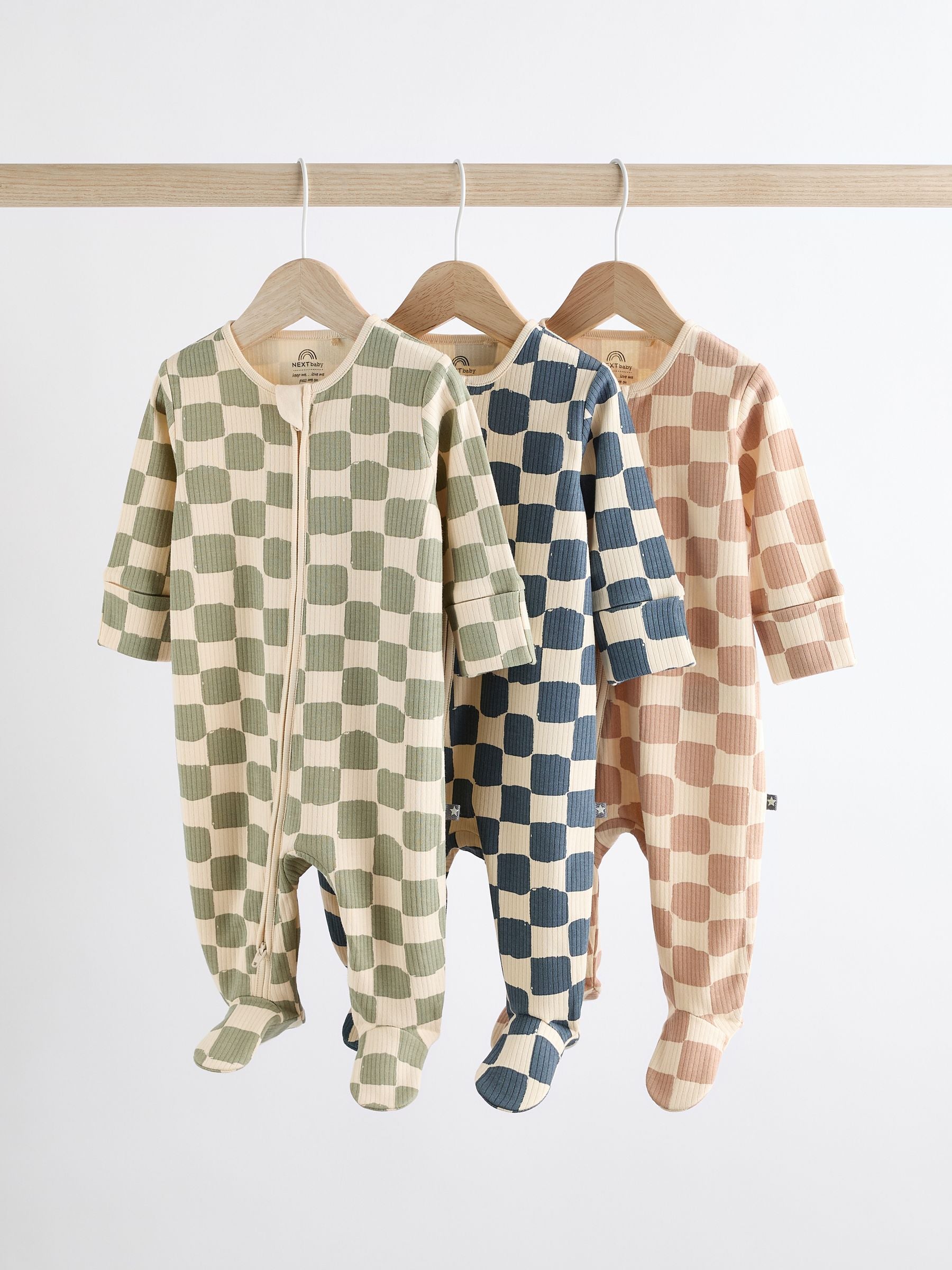 Checkerboard Baby 2 Way Zip 100% Cotton Sleepsuits 3 Pack (0mths-2yrs)