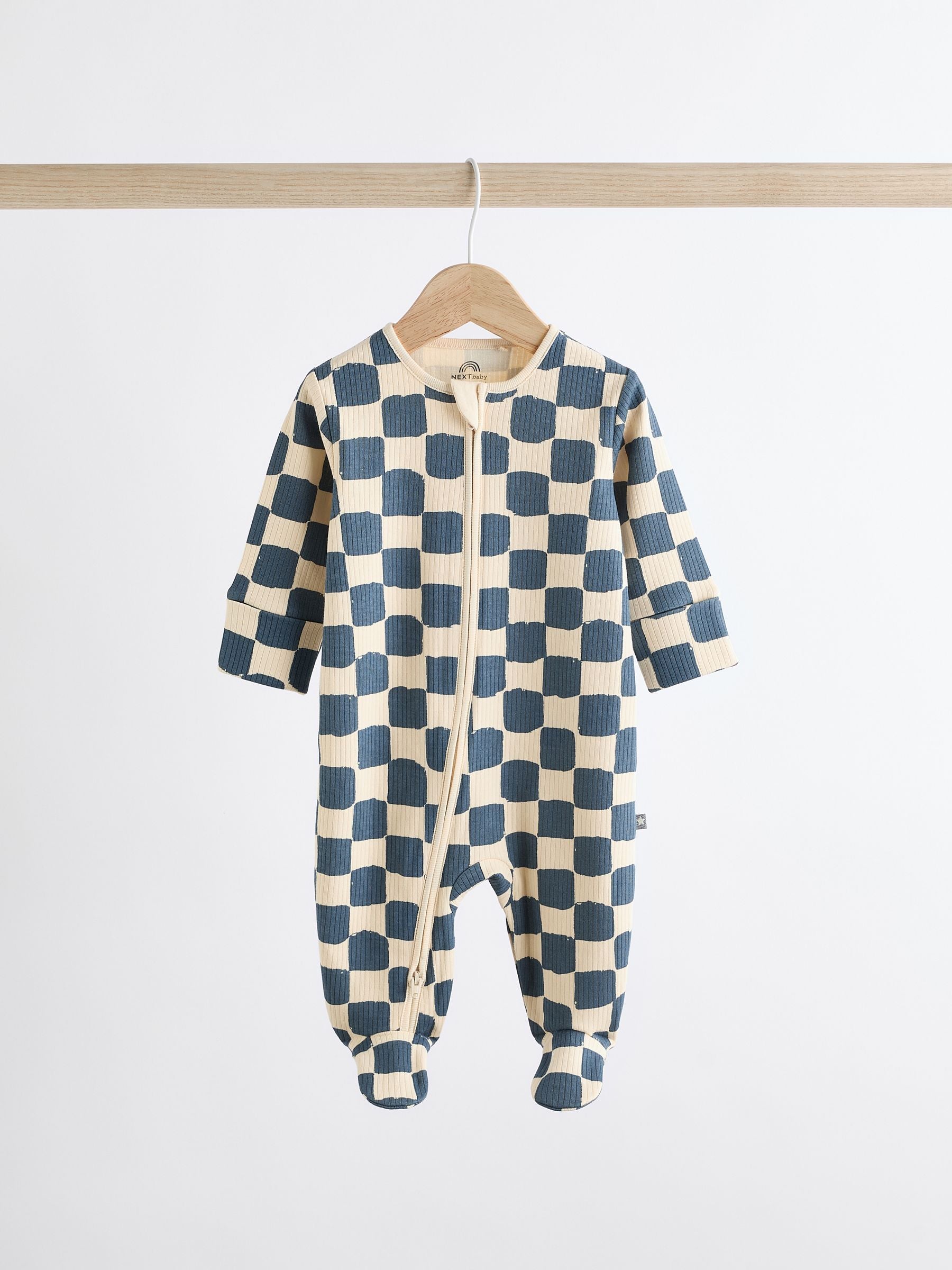 Checkerboard Baby 2 Way Zip 100% Cotton Sleepsuits 3 Pack (0mths-2yrs)