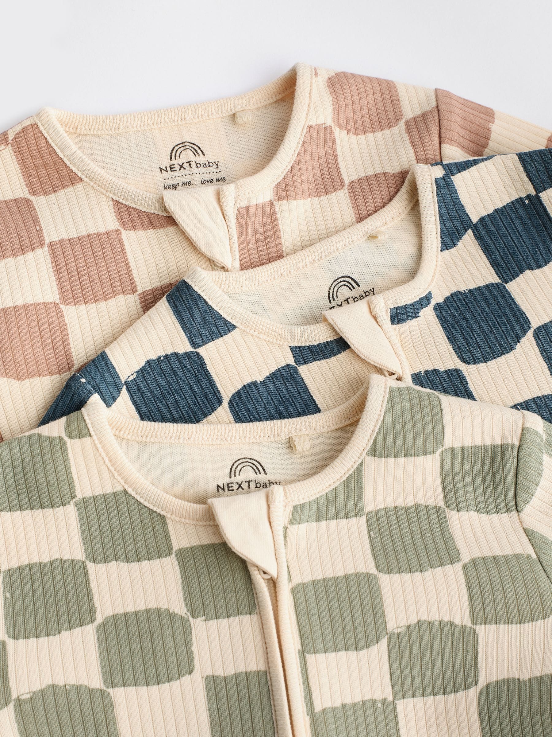 Checkerboard Baby 2 Way Zip 100% Cotton Sleepsuits 3 Pack (0mths-2yrs)