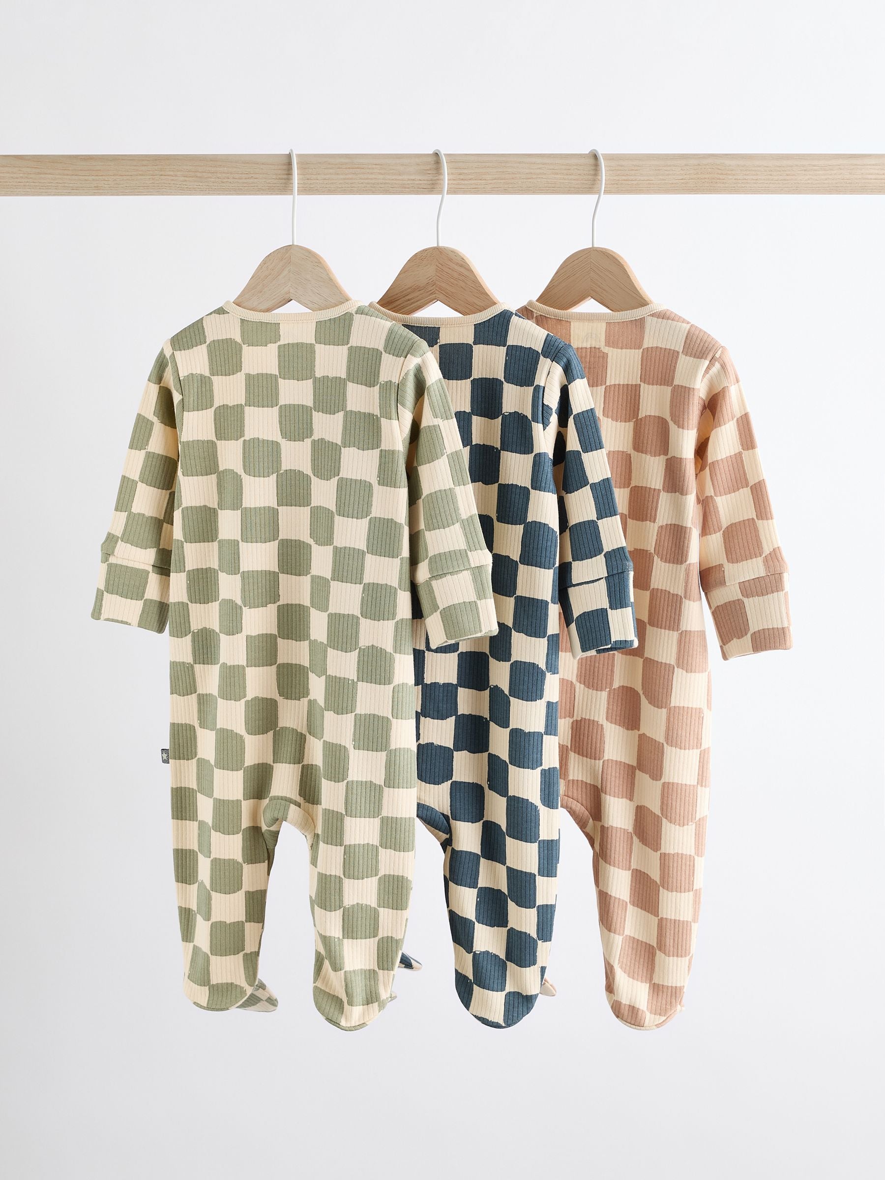 Checkerboard Baby 2 Way Zip 100% Cotton Sleepsuits 3 Pack (0mths-2yrs)