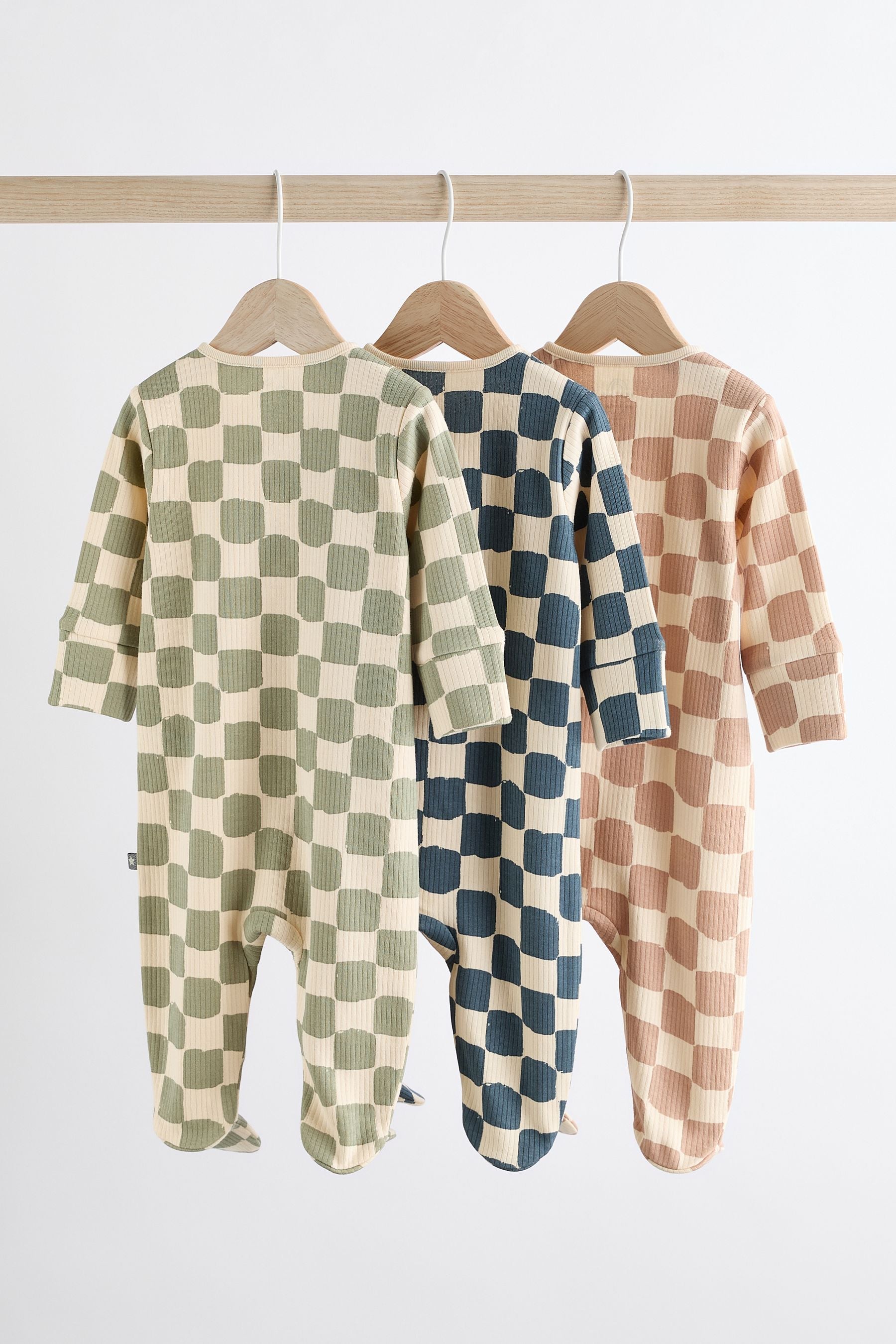 Checkerboard Baby 2 Way Zip Sleepsuits 3 Pack (0mths-2yrs)