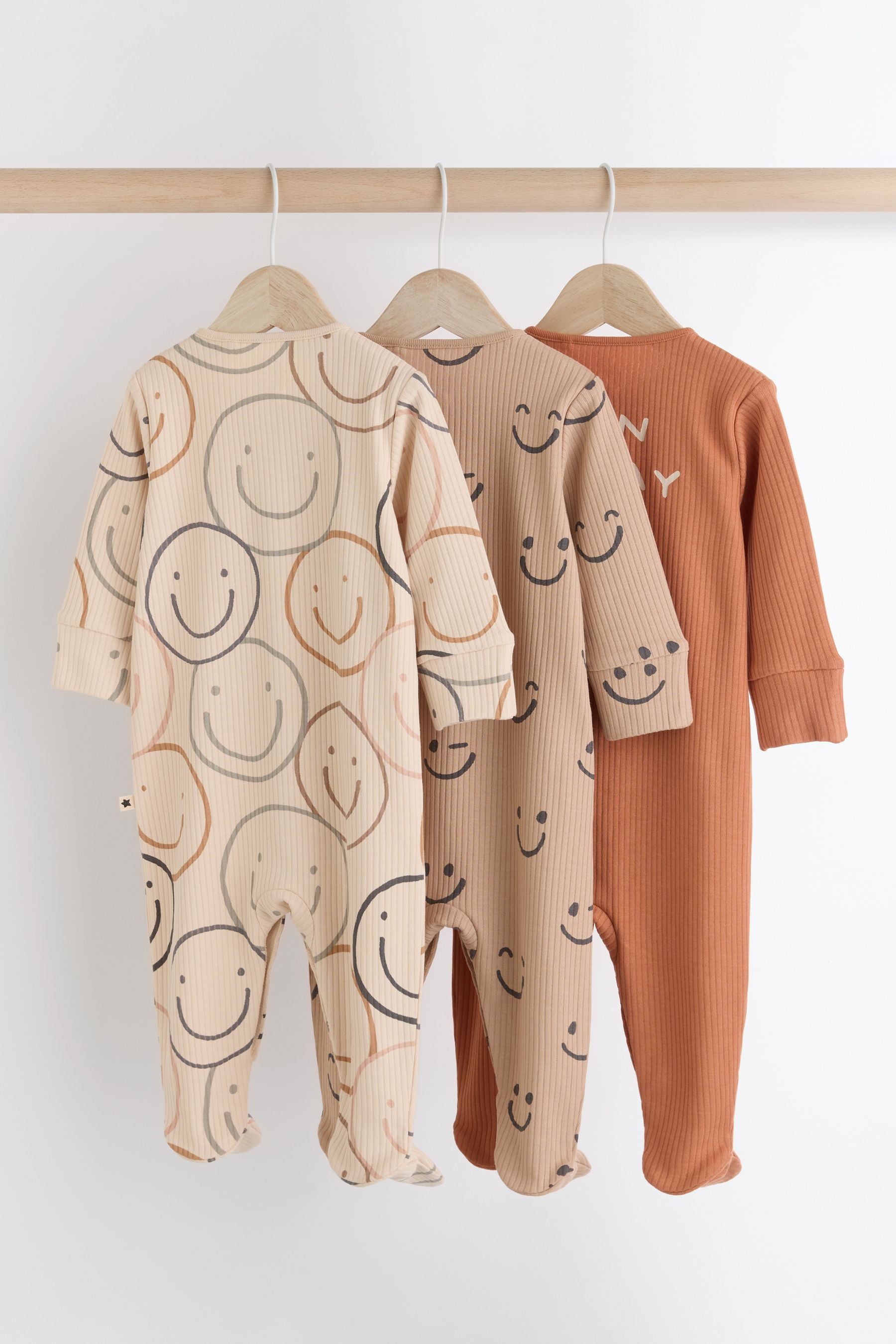 Brown Baby Smiley Printed 100% Cotton Sleepsuits 3 Pack (0mths-2yrs)