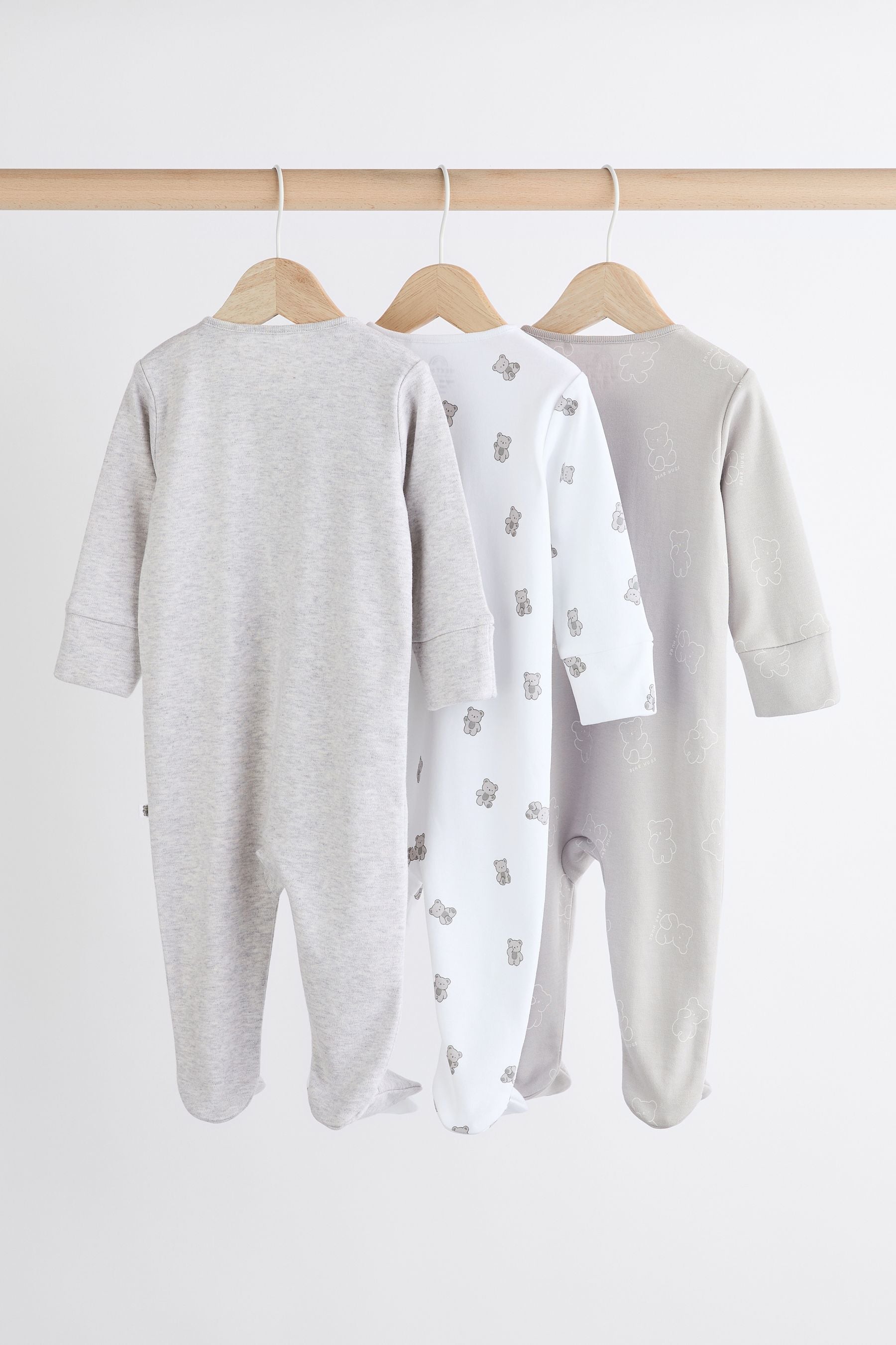 Grey Baby Two Way Zip 100% Cotton Sleepsuits 3 Pack (0-2yrs)