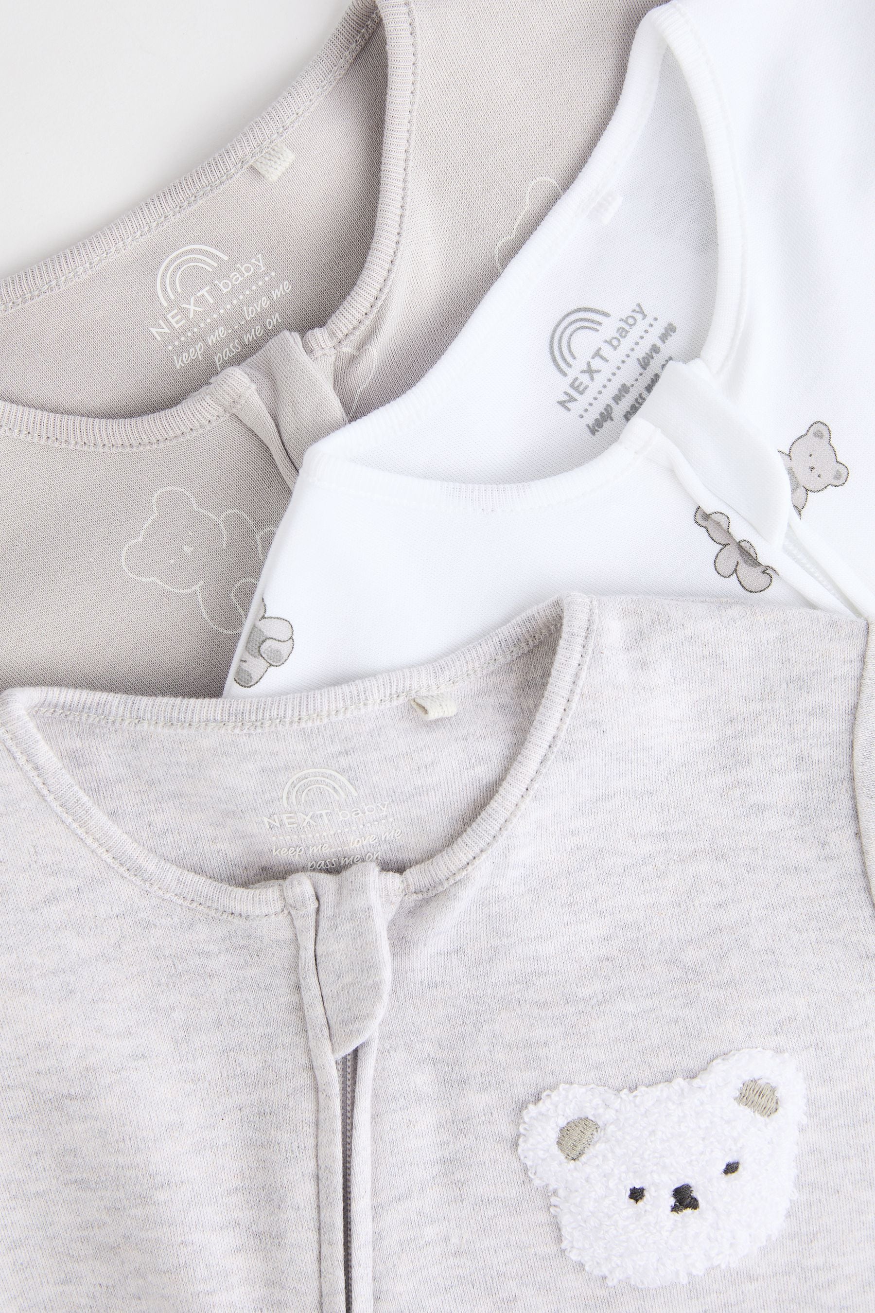 Grey Baby Two Way Zip 100% Cotton Sleepsuits 3 Pack (0-2yrs)