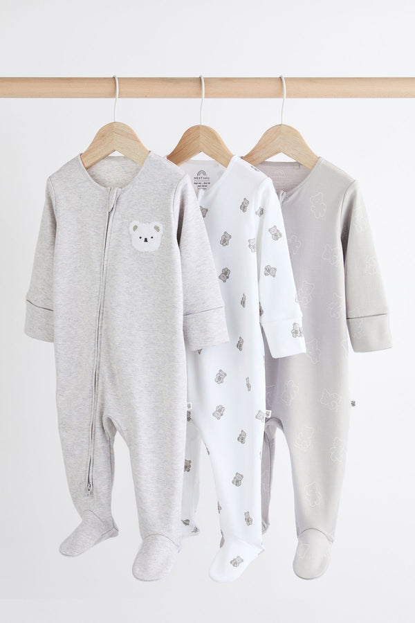 Grey Baby Two Way Zip 100% Cotton Sleepsuits 3 Pack (0mths-2yrs)