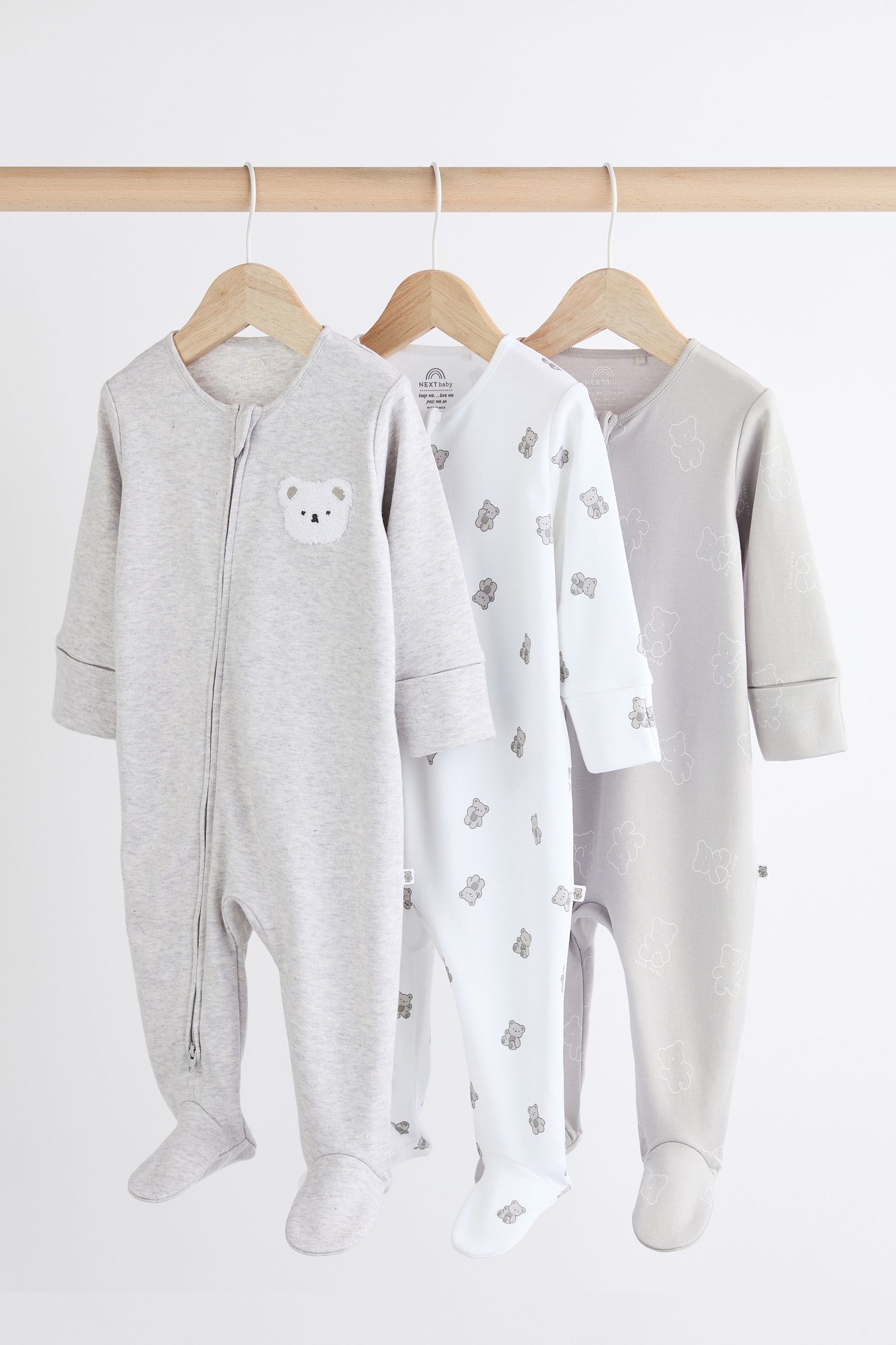 Grey Baby Two Way Zip 100% Cotton Sleepsuits 3 Pack (0-2yrs)