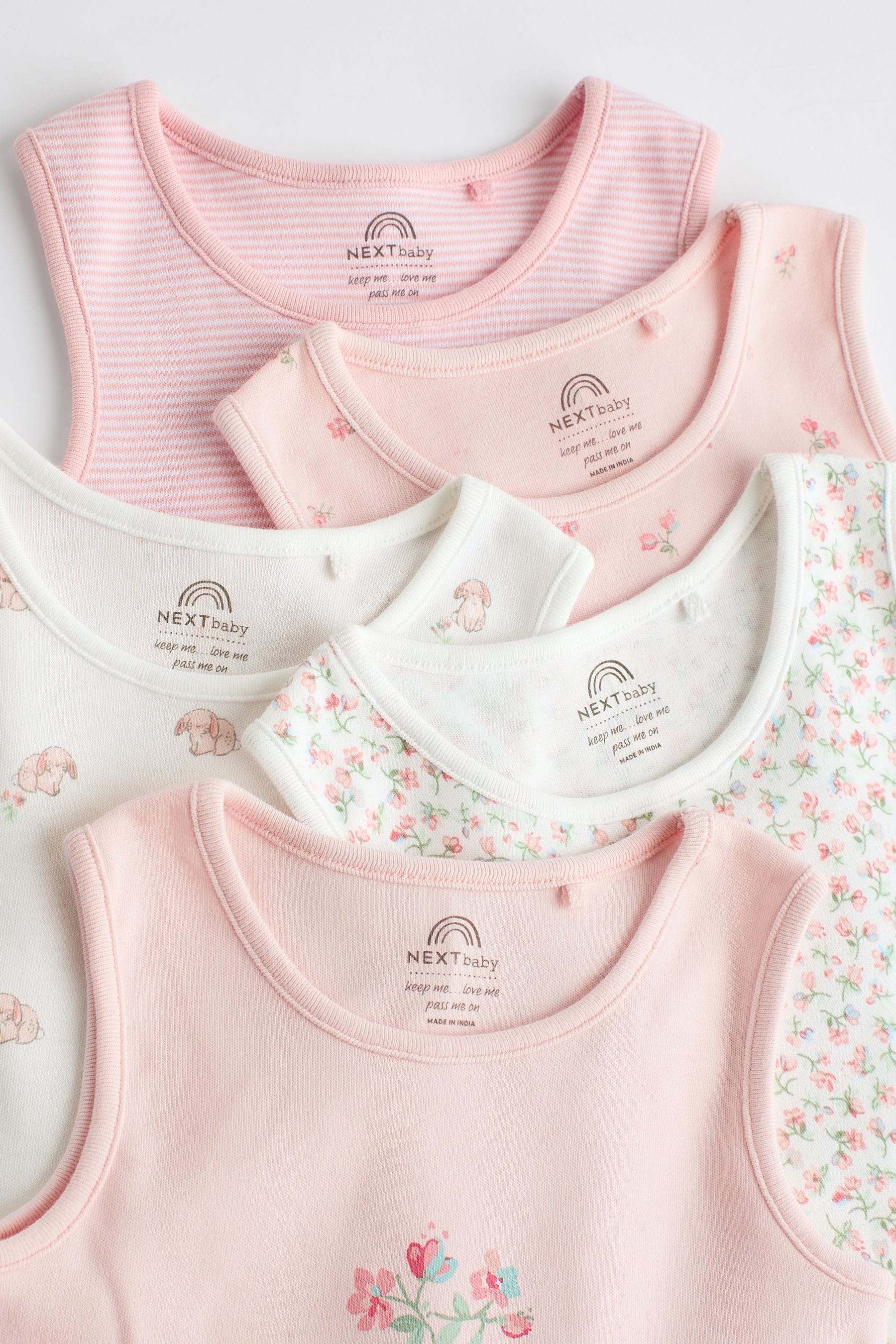 Pink Bunny Baby 100% Cotton Vests 5 Pack