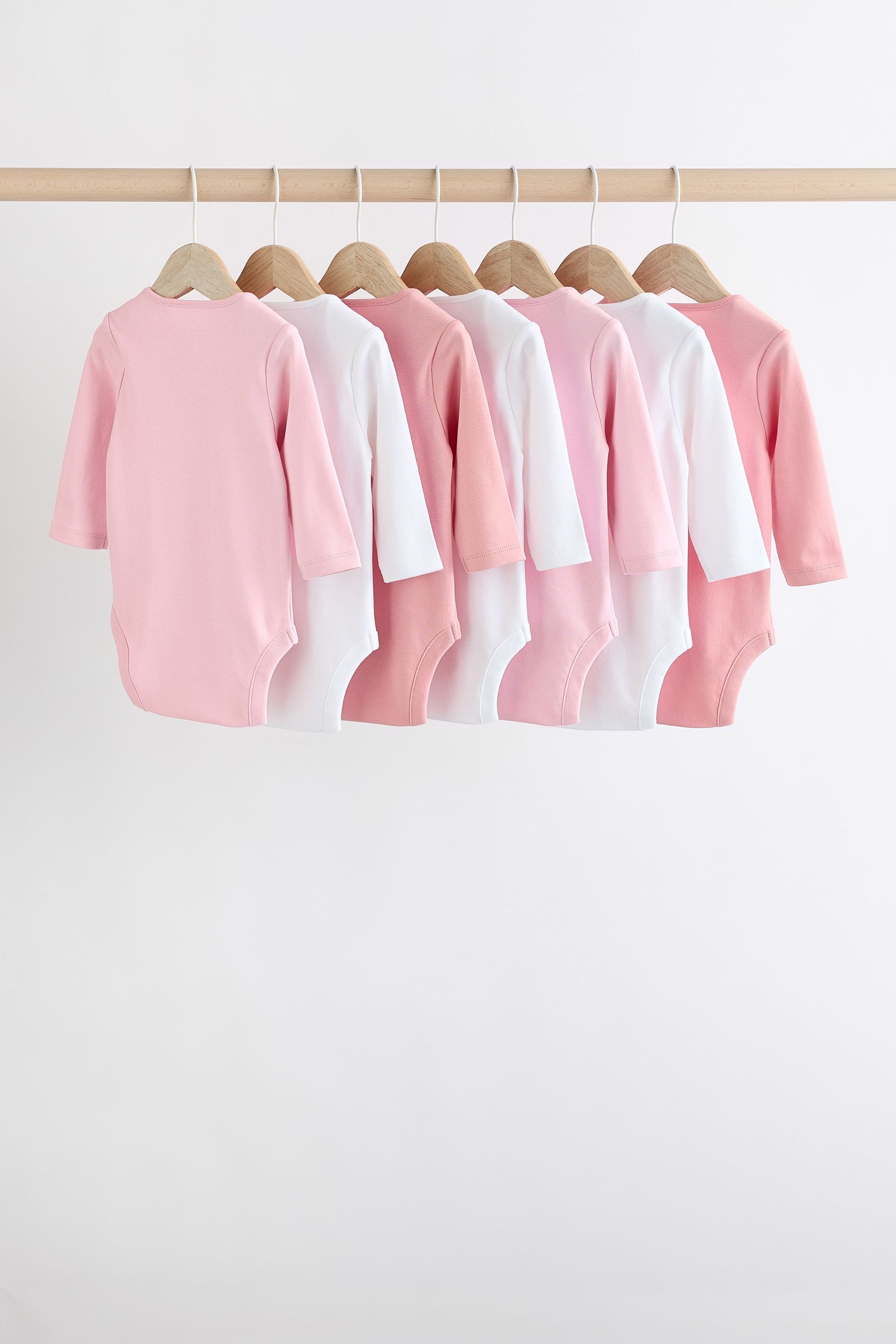 Pink/White 7 Pack Essential Long Sleeve 100% Cotton Baby Bodysuits