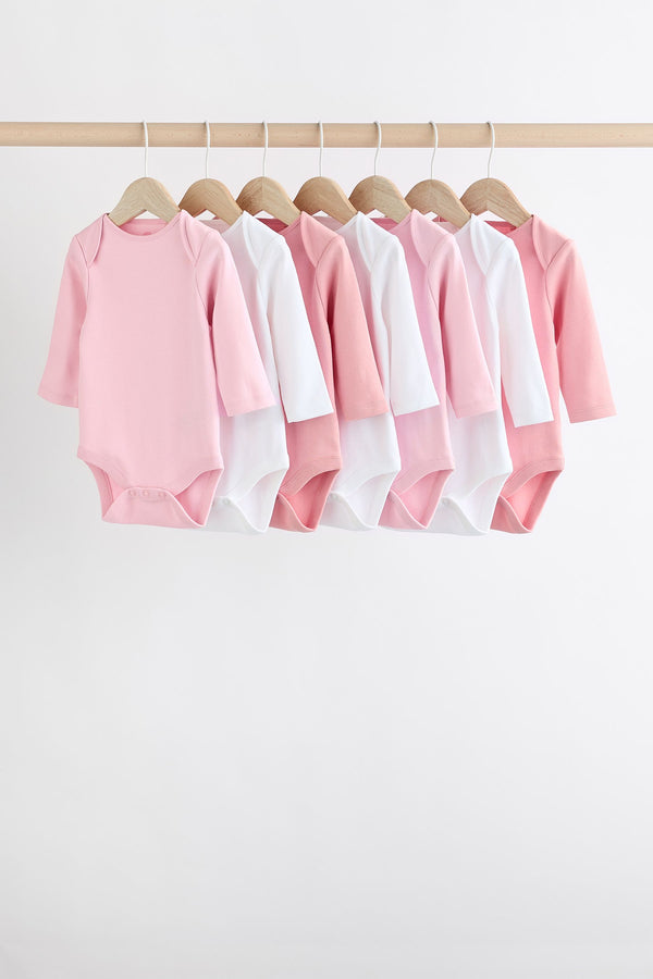 Pink/White 7 Pack Essential Long Sleeve 100% Cotton Baby Bodysuits