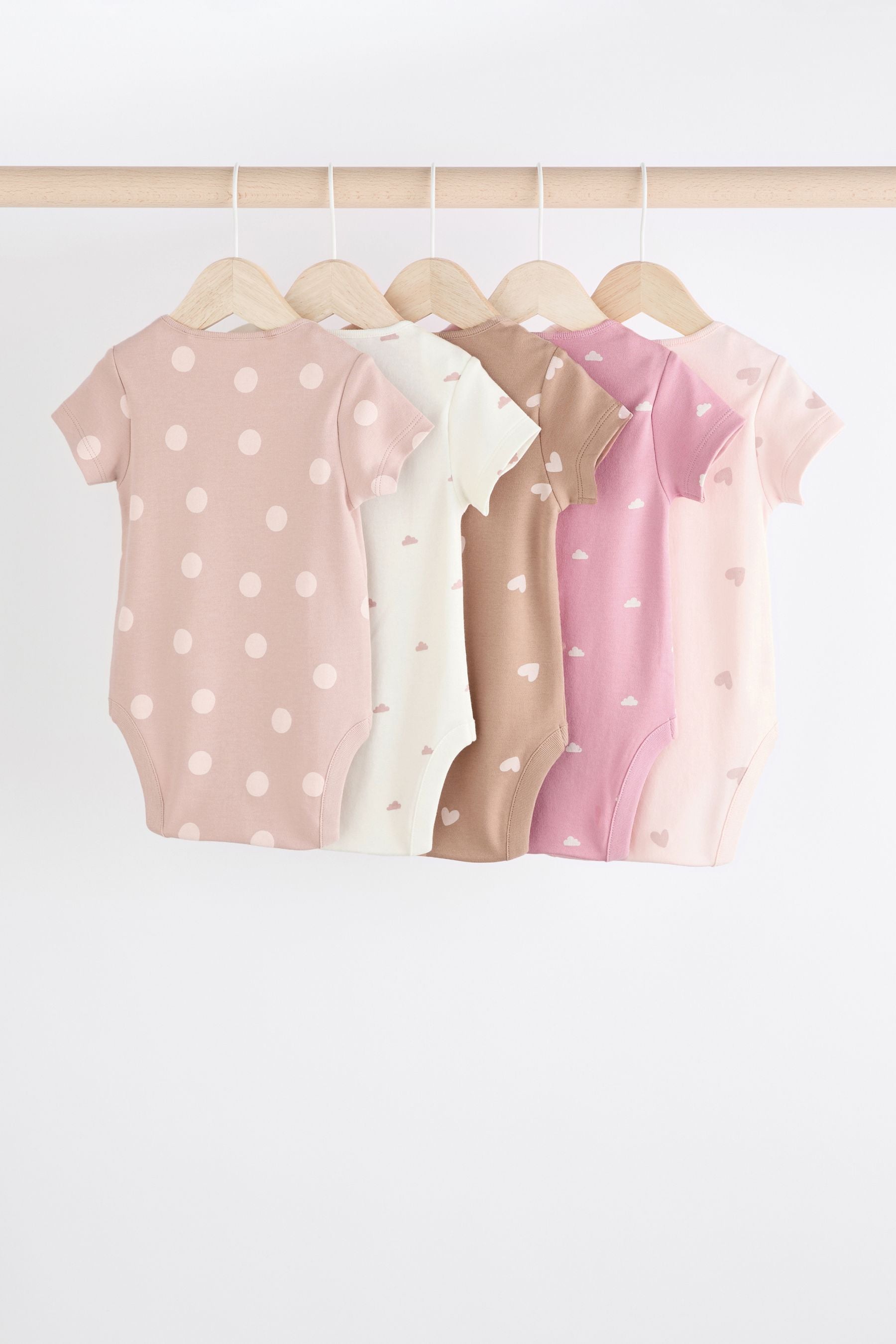 Brown & Pink Baby Short Sleeve 100% Cotton Bodysuits 5 Pack