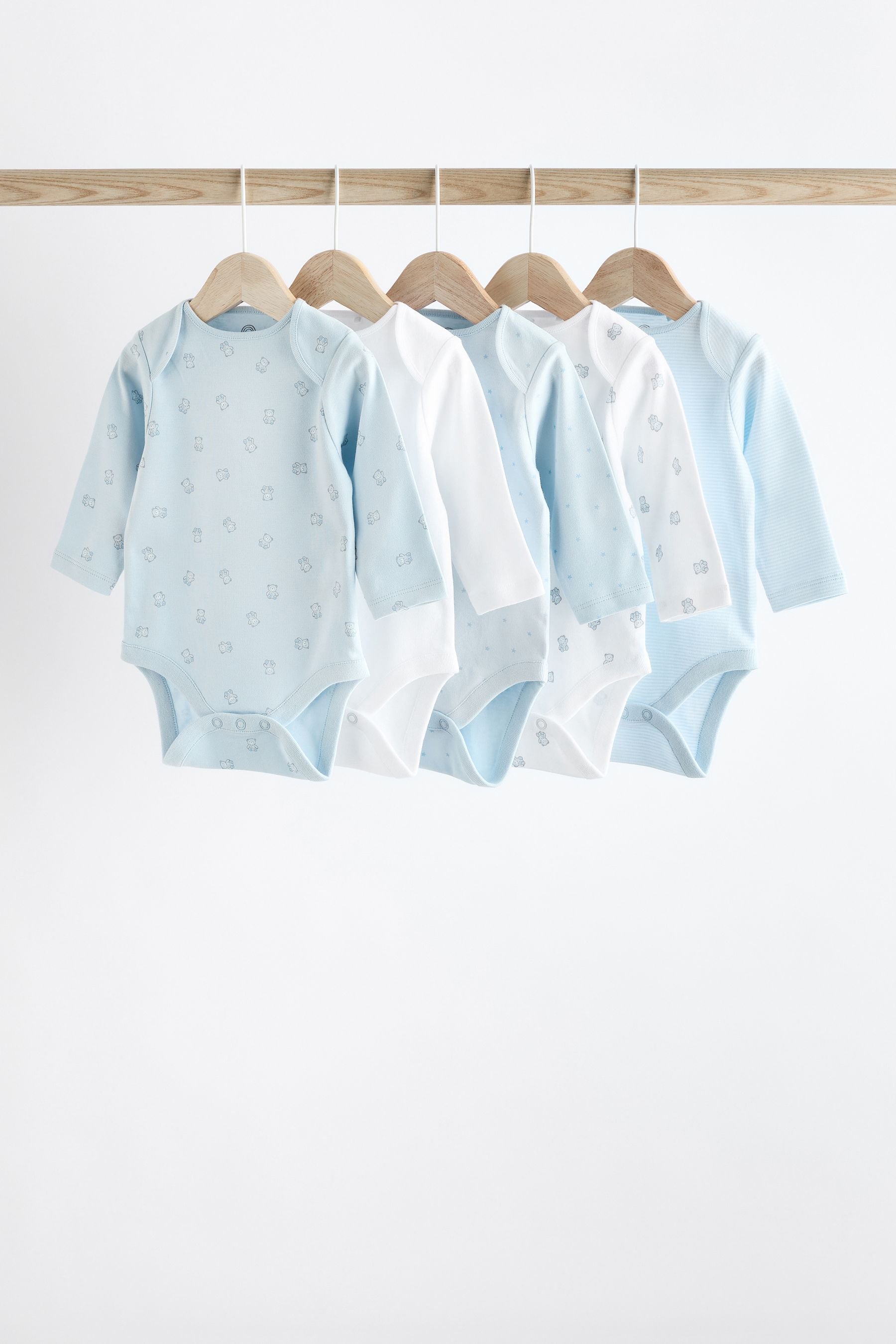 Blue 5 Pack Bear Long Sleeve Baby Bodysuits