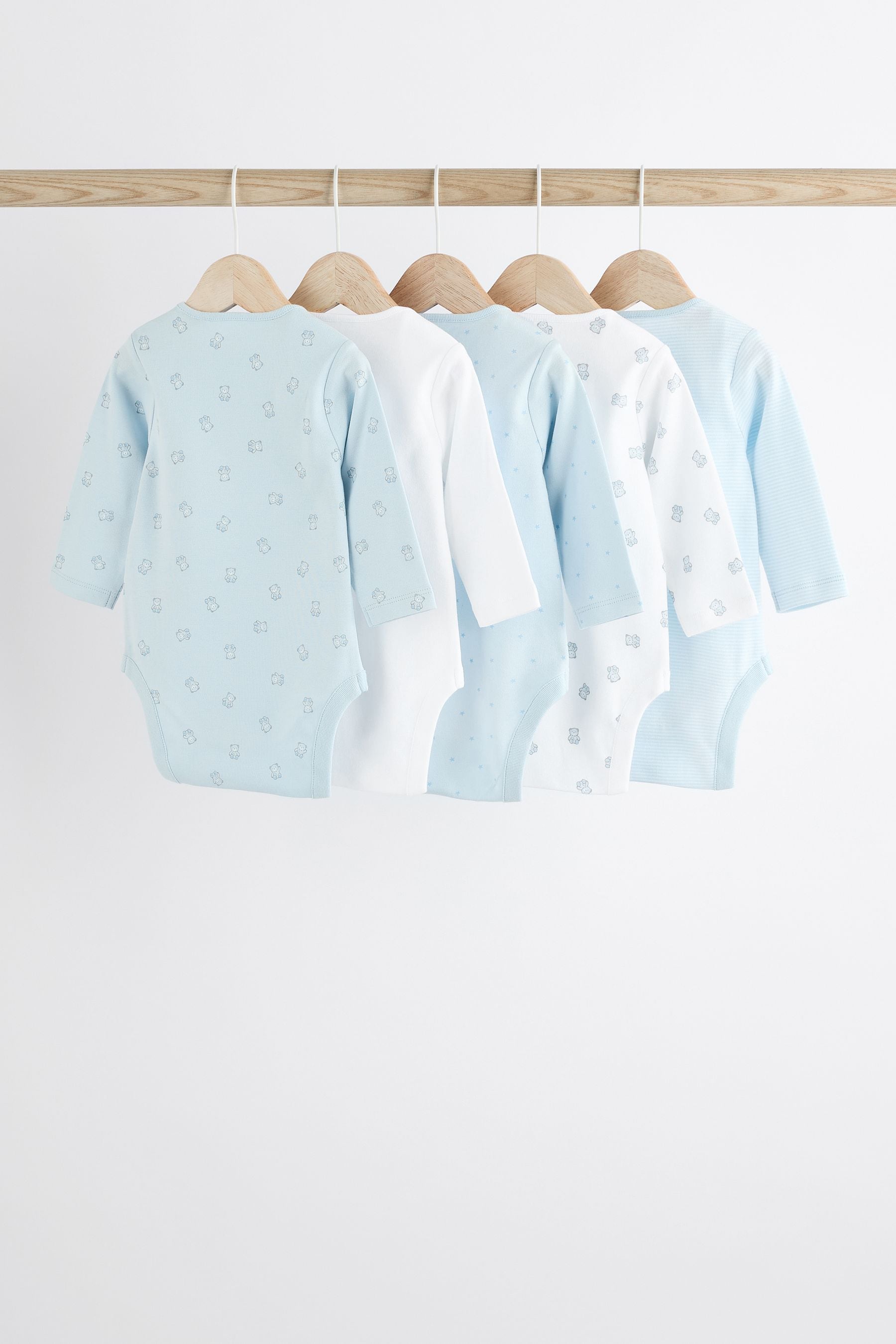 Blue 5 Pack Bear Long Sleeve Baby Bodysuits