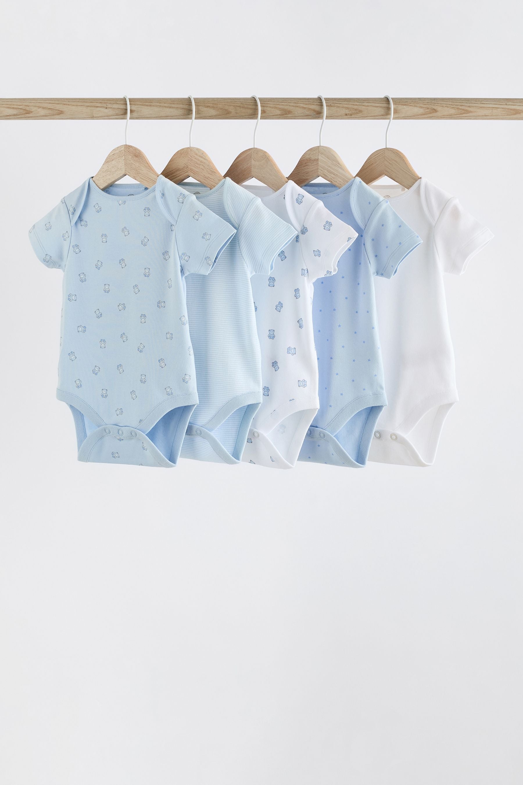 Blue 5 Pack Bear Short Sleeve Baby Bodysuits