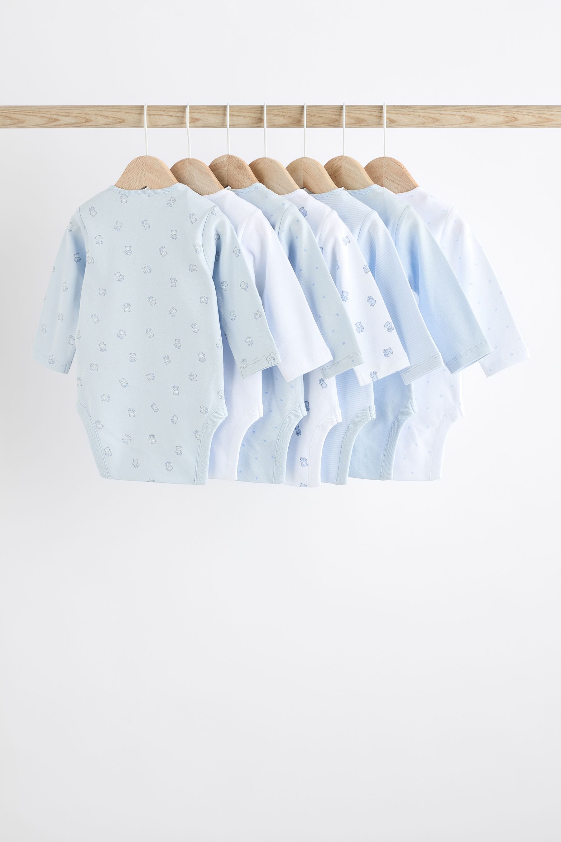 Blue 7 Pack Bear Long Sleeve Baby Bodysuits