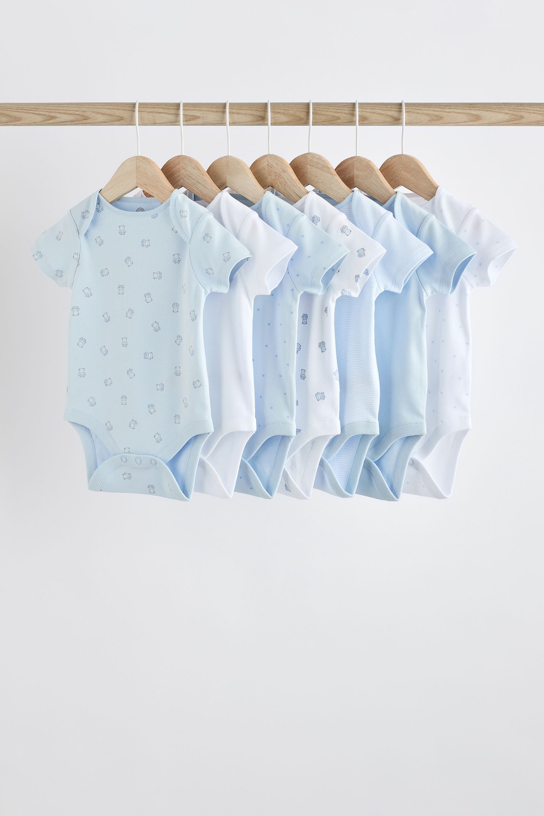 Blue 7 Pack Bear Short Sleeve Baby Bodysuits