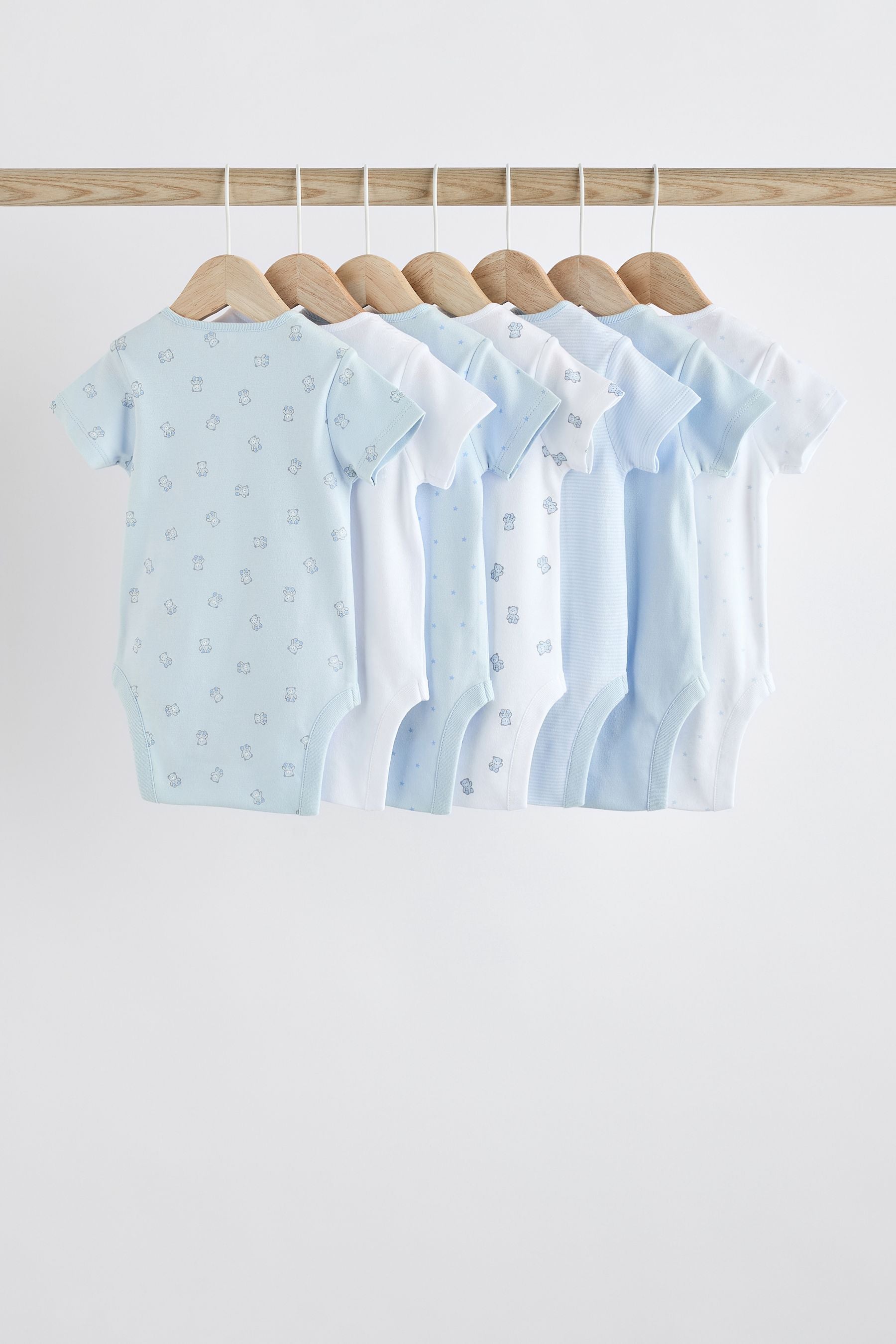 Blue 7 Pack Bear Short Sleeve Baby Bodysuits