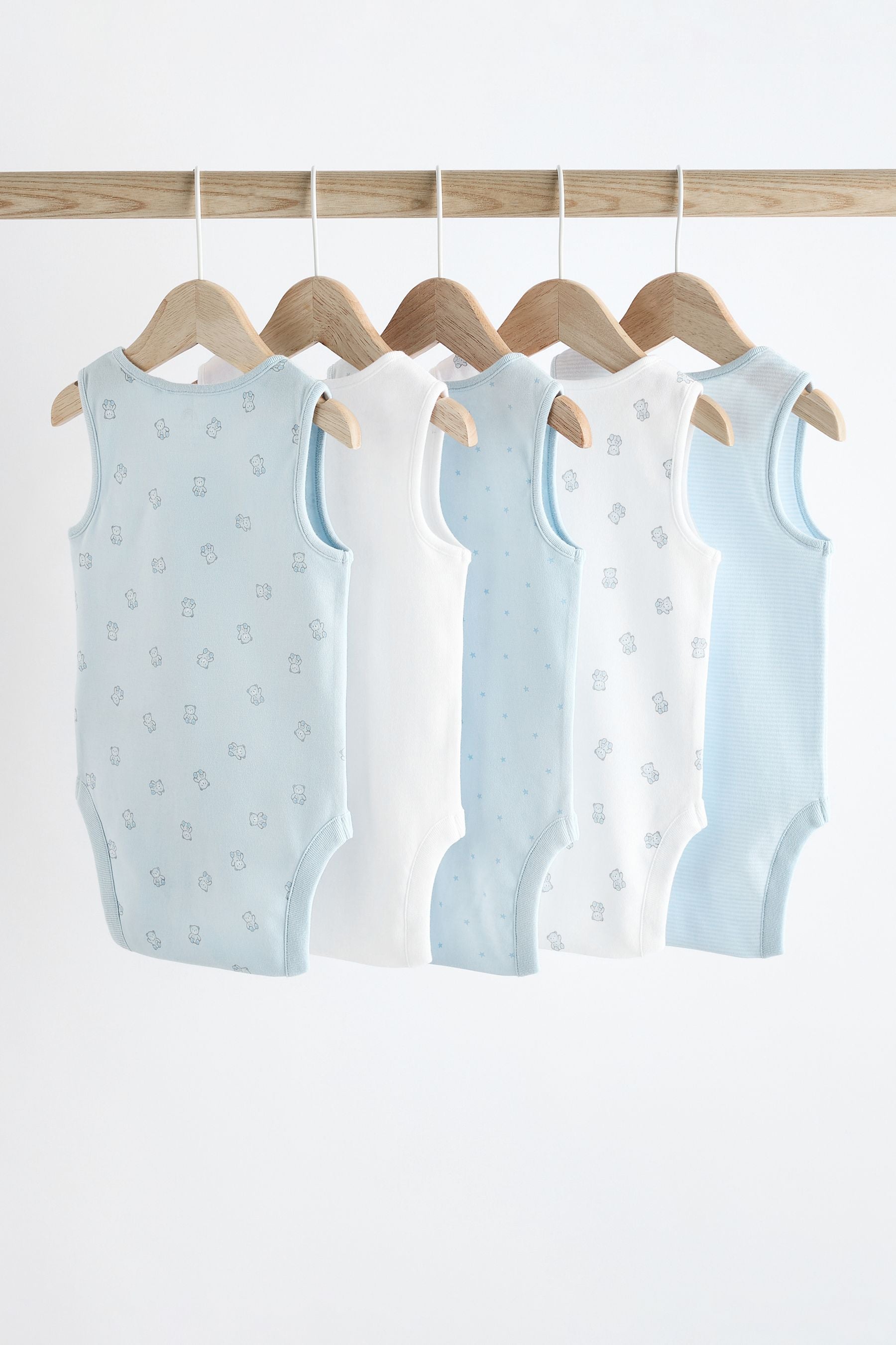 Blue Bear Print Baby 100% Cotton Vests 5 Pack