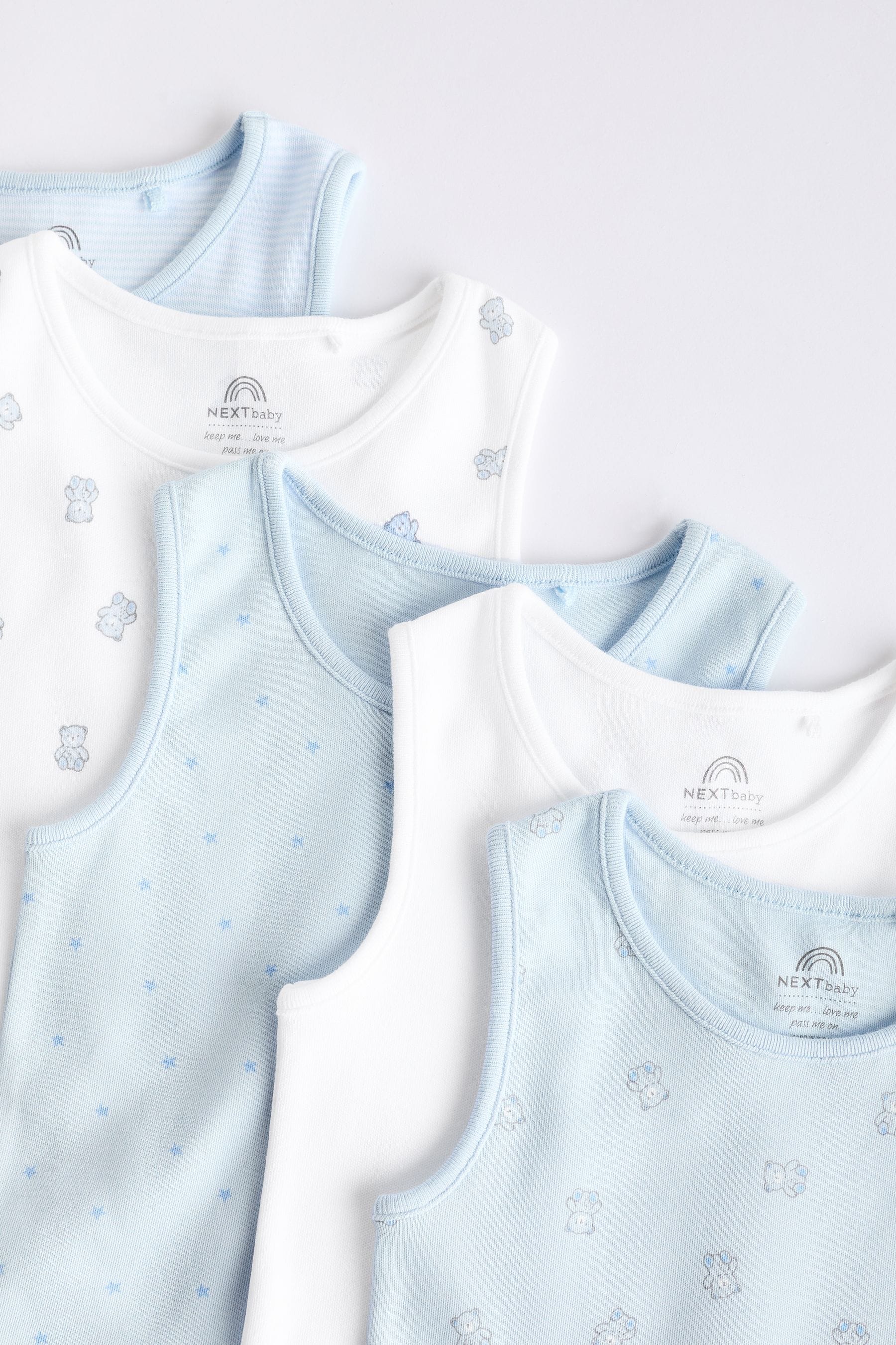 Blue Bear Print Baby 100% Cotton Vests 5 Pack