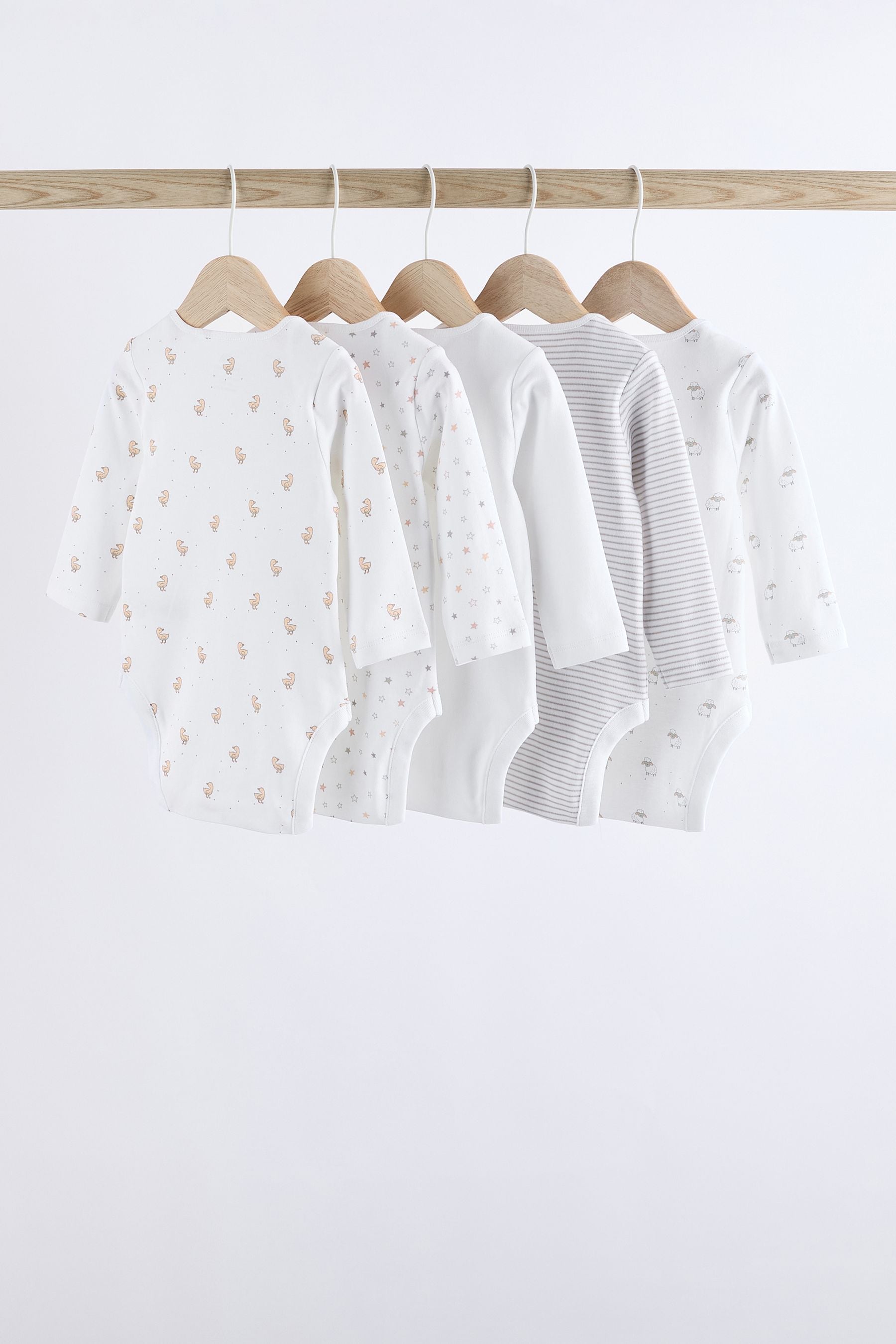 White Delicate Animal Print 5 Pack Long Sleeve 100% Cotton Baby Bodysuits