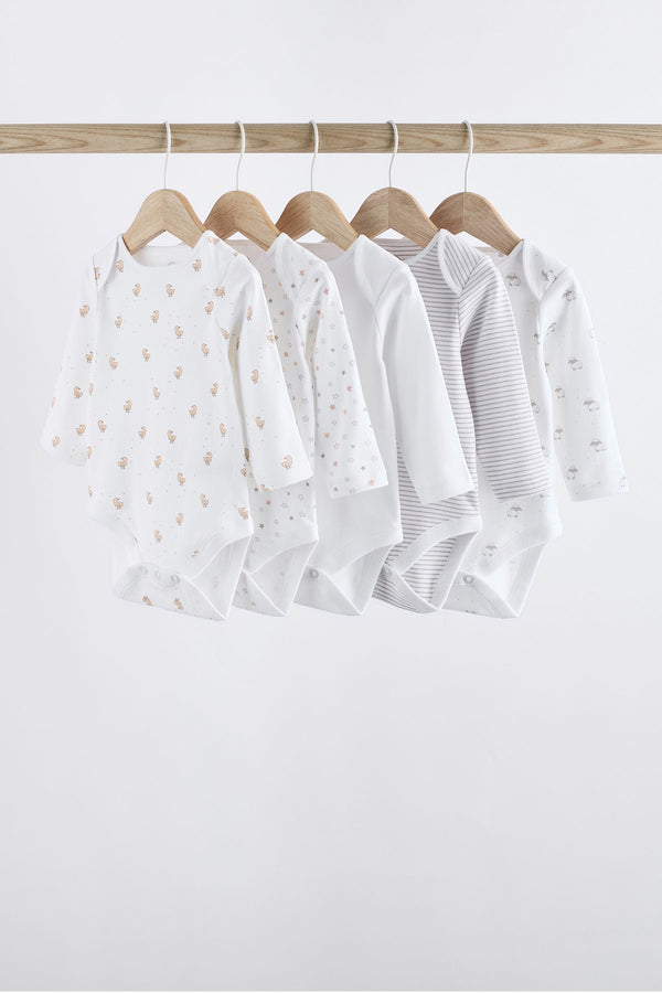 White Delicate Animal Print 5 Pack Long Sleeve 100% Cotton Baby Bodysuits