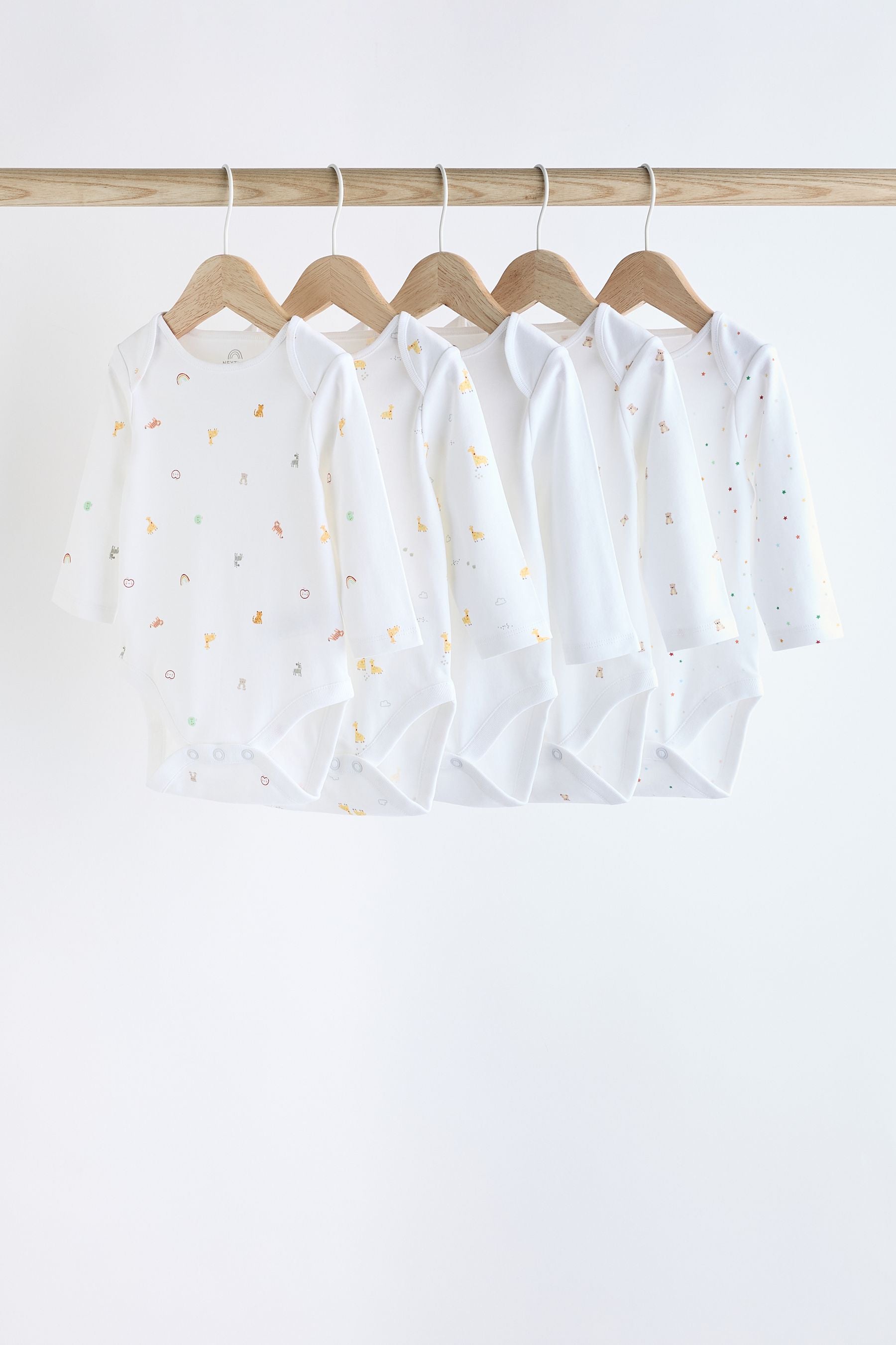 White 5 Pack Long Sleeve 100% Cotton Baby Bodysuits