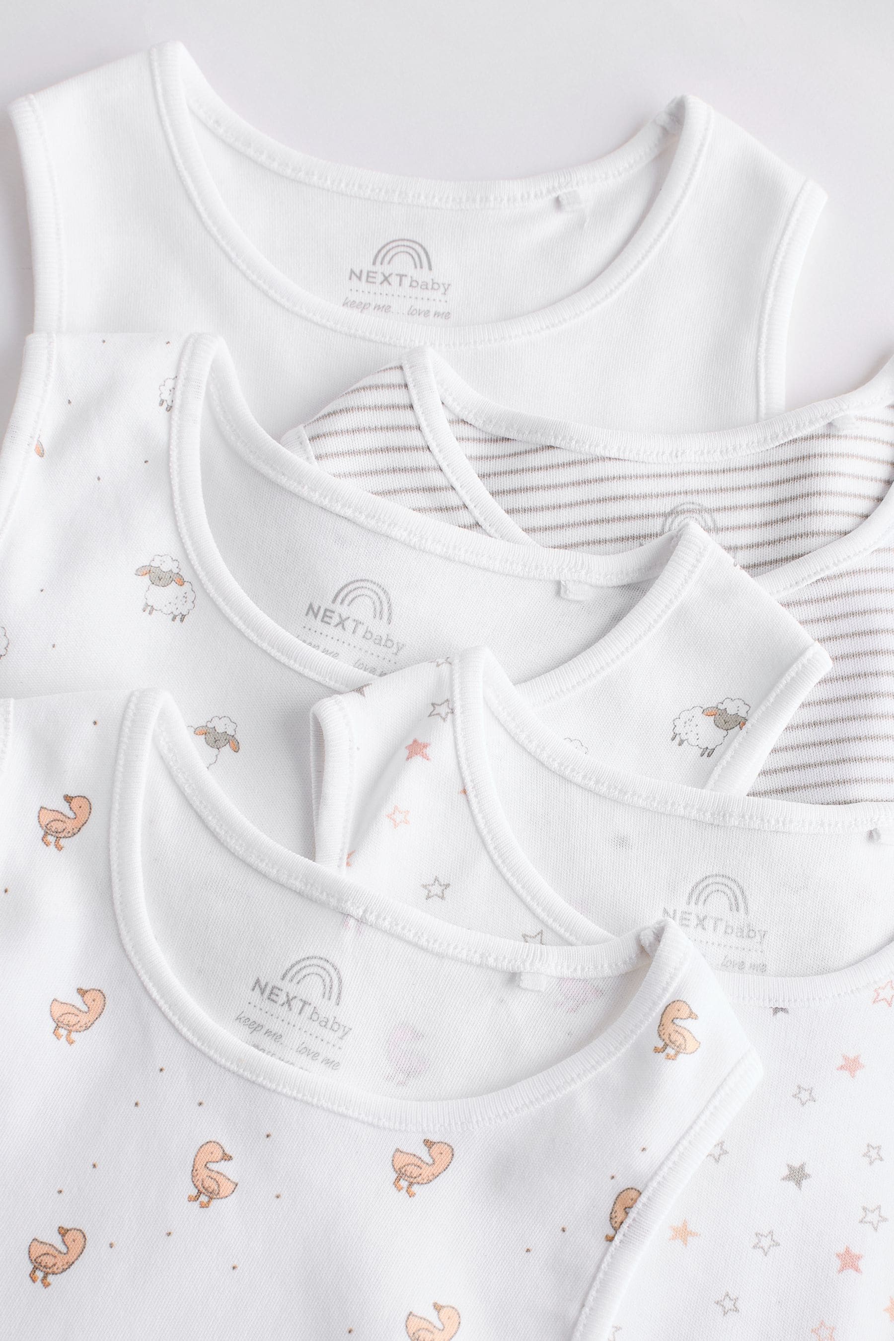 White Delicate Animal Baby Vest 100% Cotton Bodysuits 5 Pack