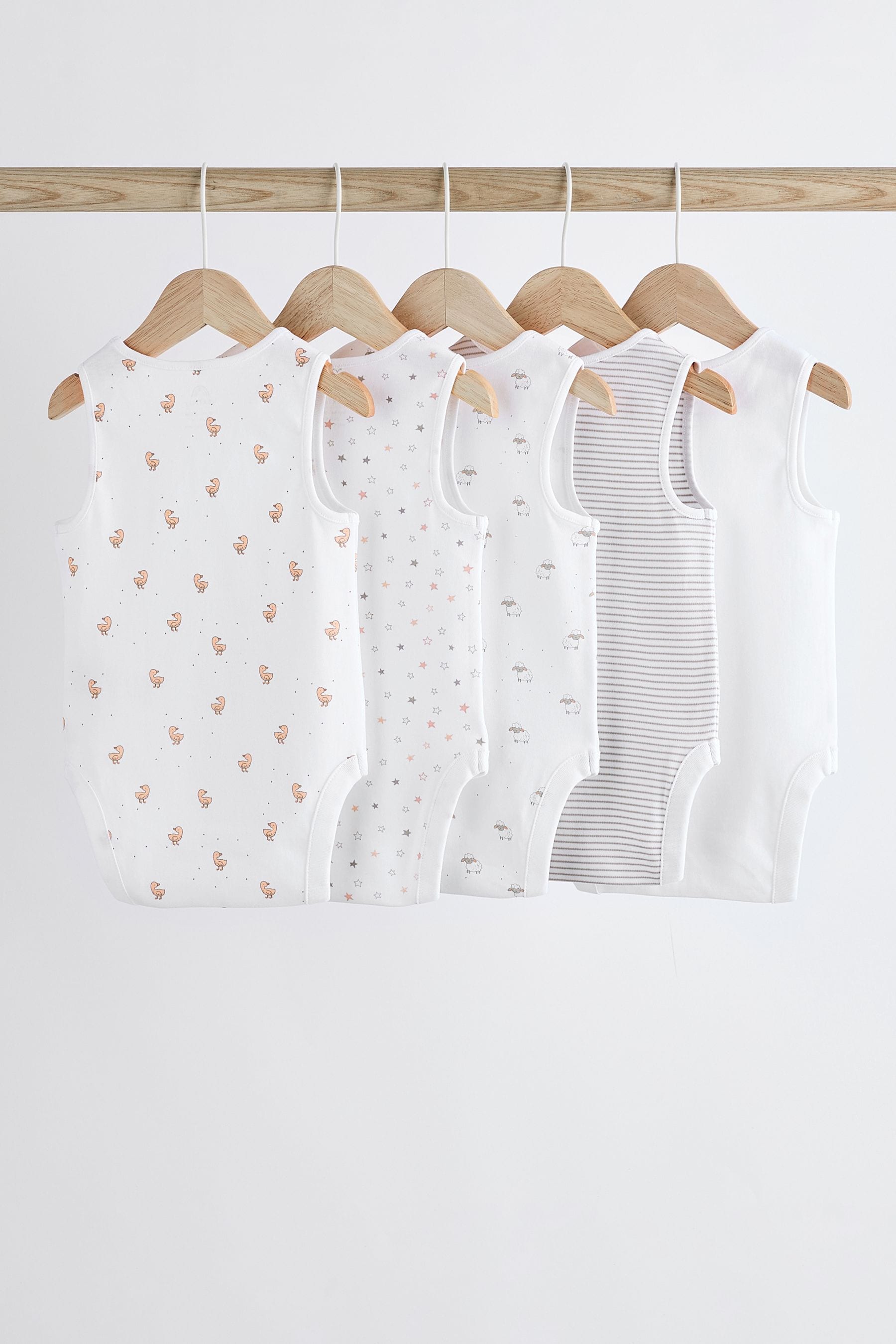 White Delicate Animal Baby Vest 100% Cotton Bodysuits 5 Pack