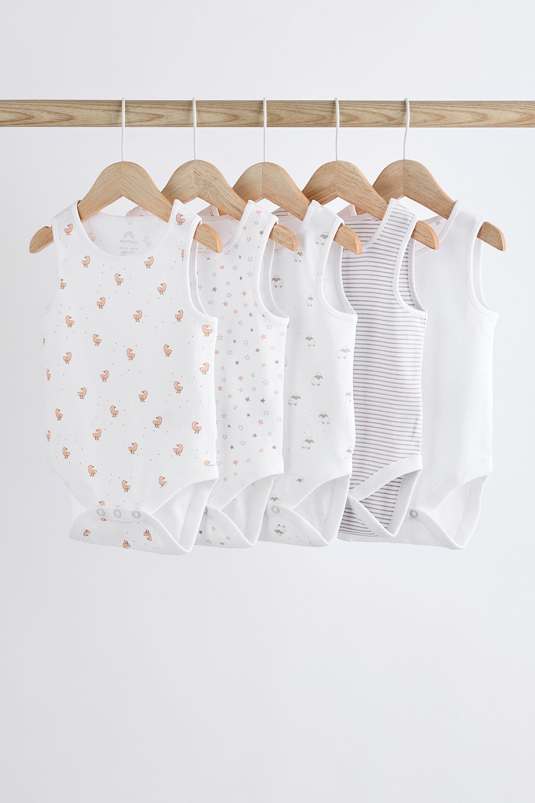 White Delicate Animal Baby Vest 100% Cotton Bodysuits 5 Pack