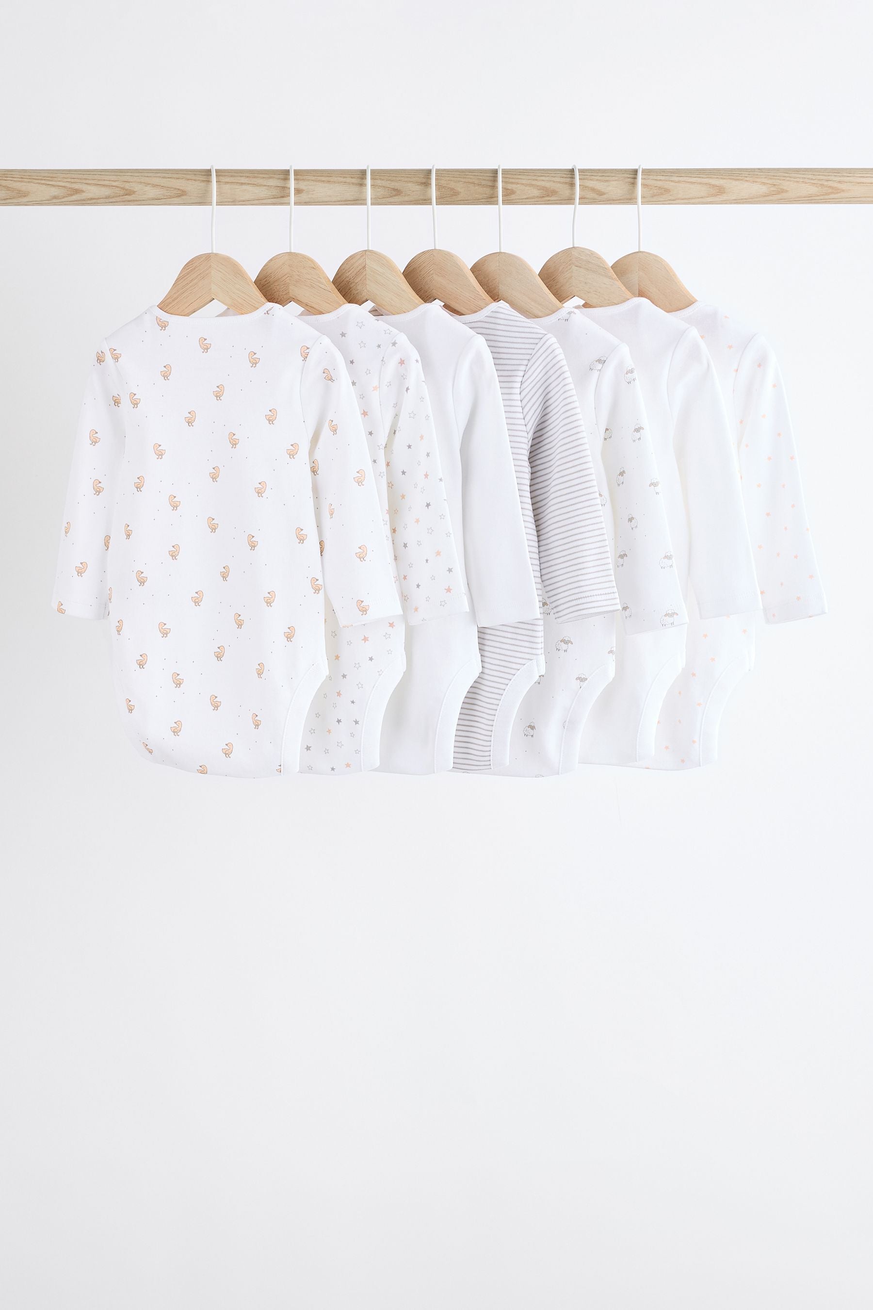 White Delicate Animal Print 7 Pack Long Sleeve 100% Cotton Baby Bodysuits