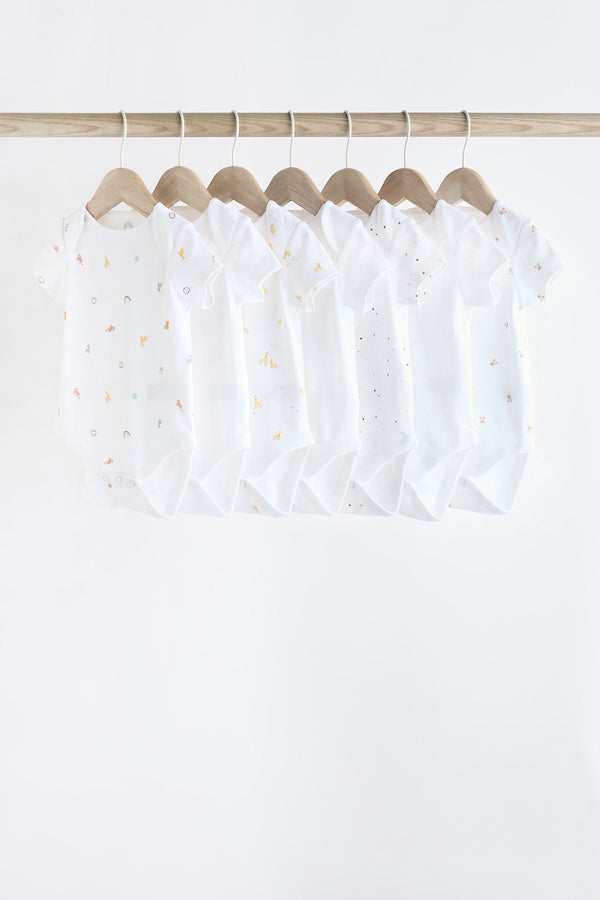 White 7 Pack Short Sleeve 100% Cotton Baby Bodysuits