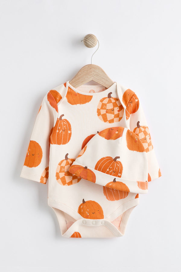 Pumpkin 100% Cotton Halloween Baby Bodysuit and Hat Set