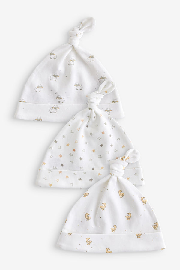 White Animals Baby Tie Top 100% Cotton Hats 3 Pack (0-12mths)