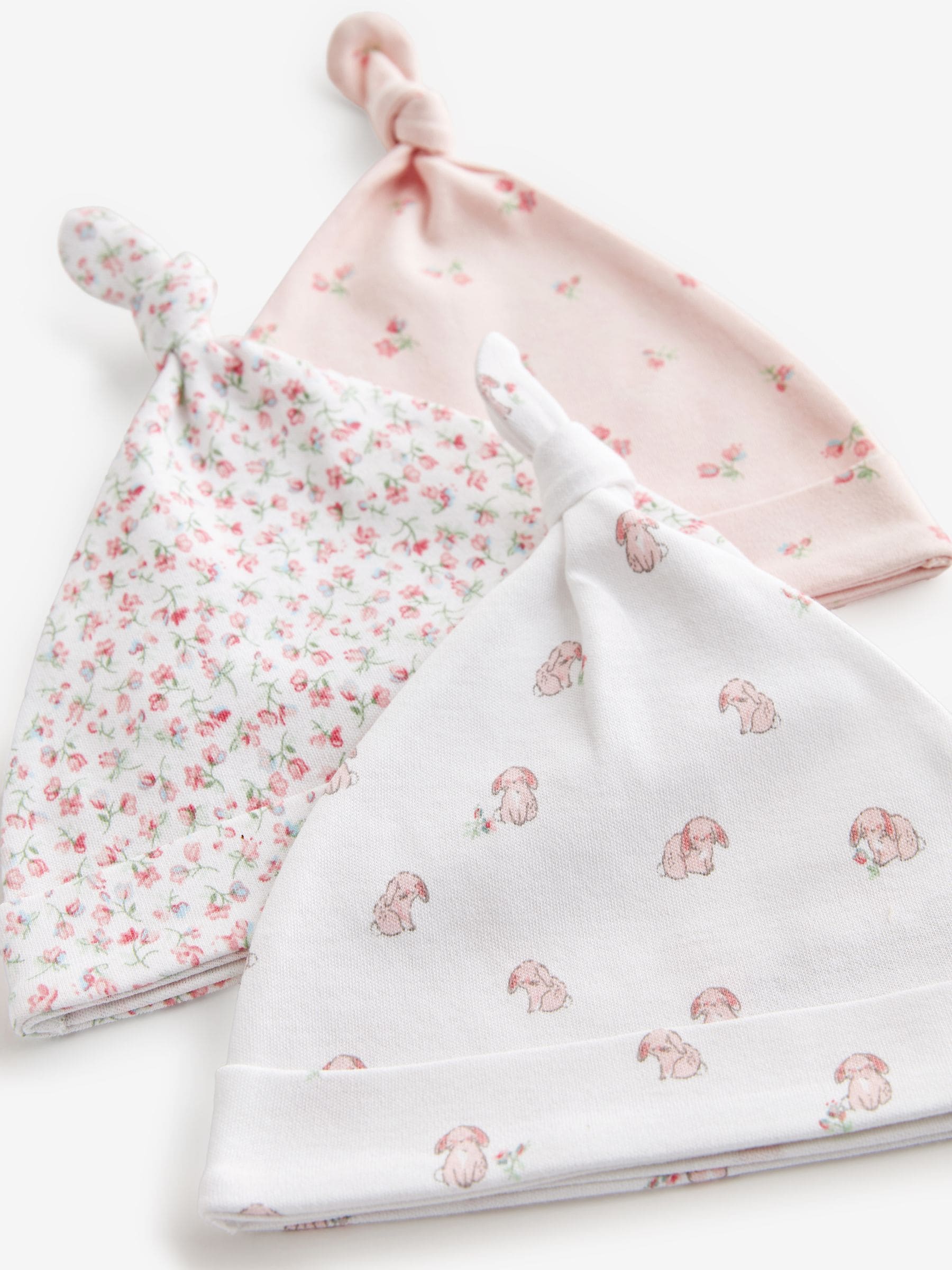 Pink Baby Tie Top 100% Cotton Hats 3 Pack (0-12mths)