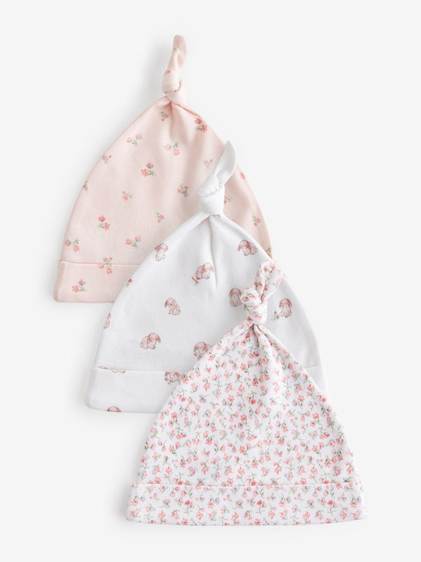 Pink Baby Tie Top 100% Cotton Hats 3 Pack (0-12mths)