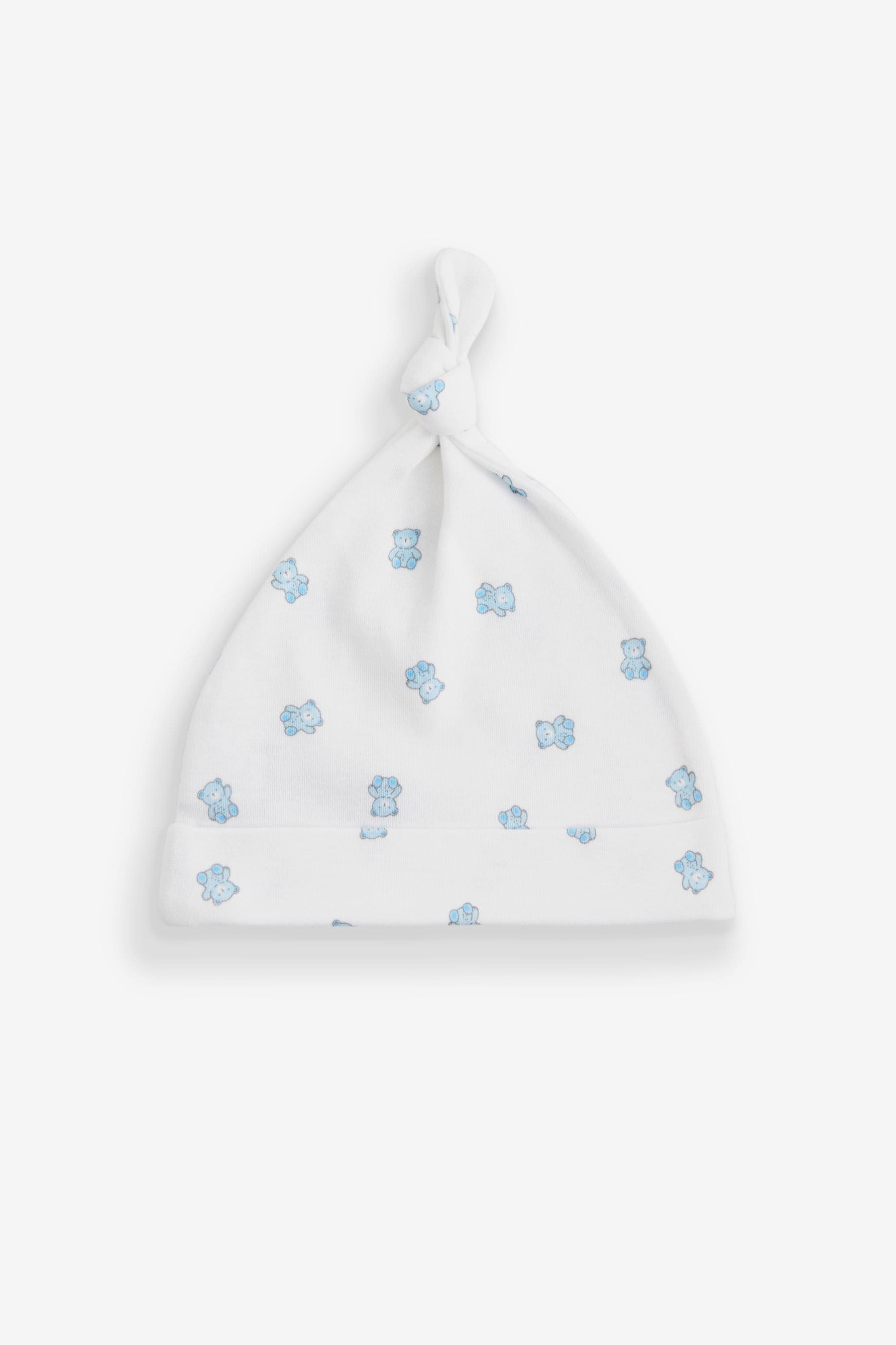 Blue/White Bear Baby Tie Top 100% Cotton Hats 3 Pack (0-12mths)