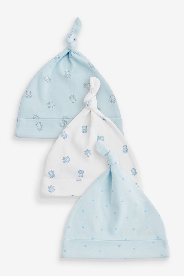 Blue/White Bear Baby Tie Top 100% Cotton Hats 3 Pack (0-12mths)