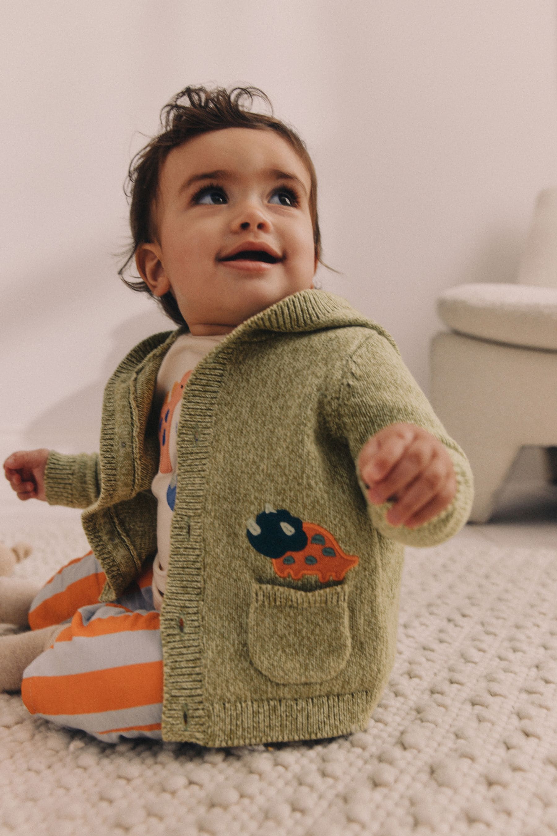 Green Dinosaur Baby 100% Cotton Knitted Cardigan (0mths-2yrs)